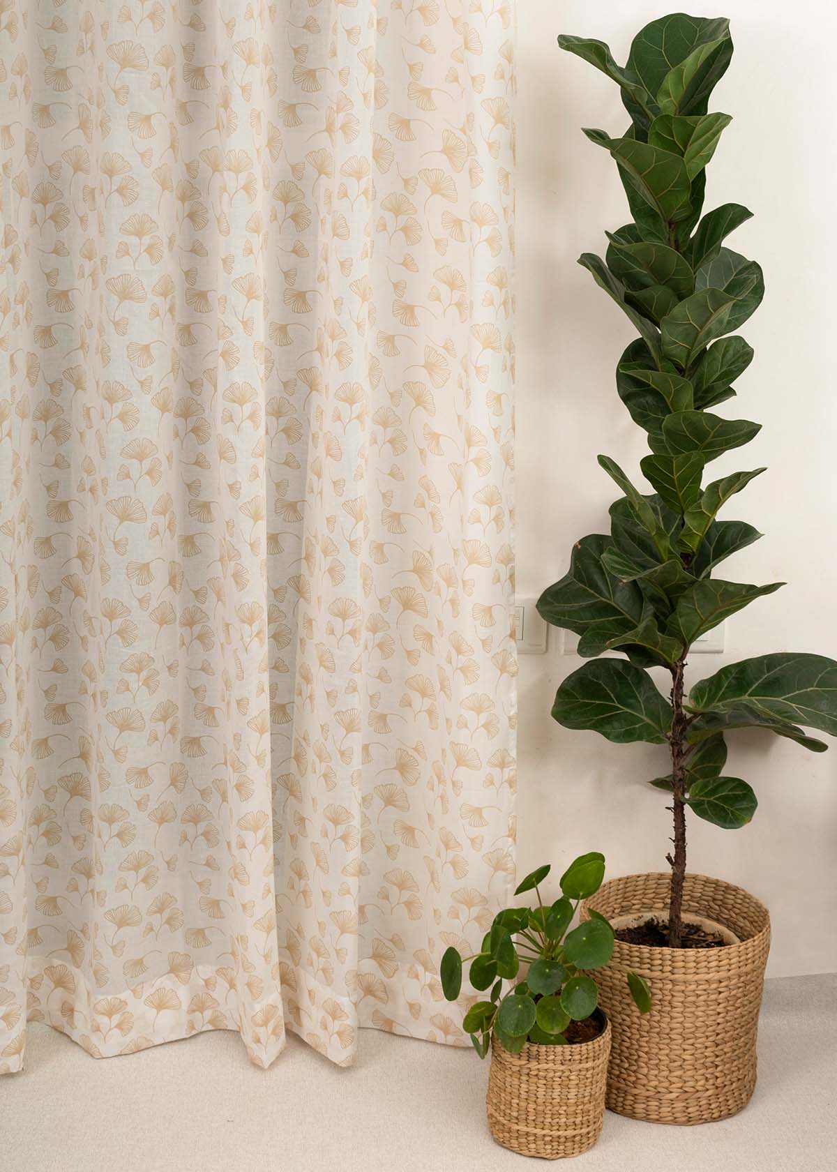 Gingko 100% cotton sheer floral curtain for living room - Light filtering - Beige - Single Piece