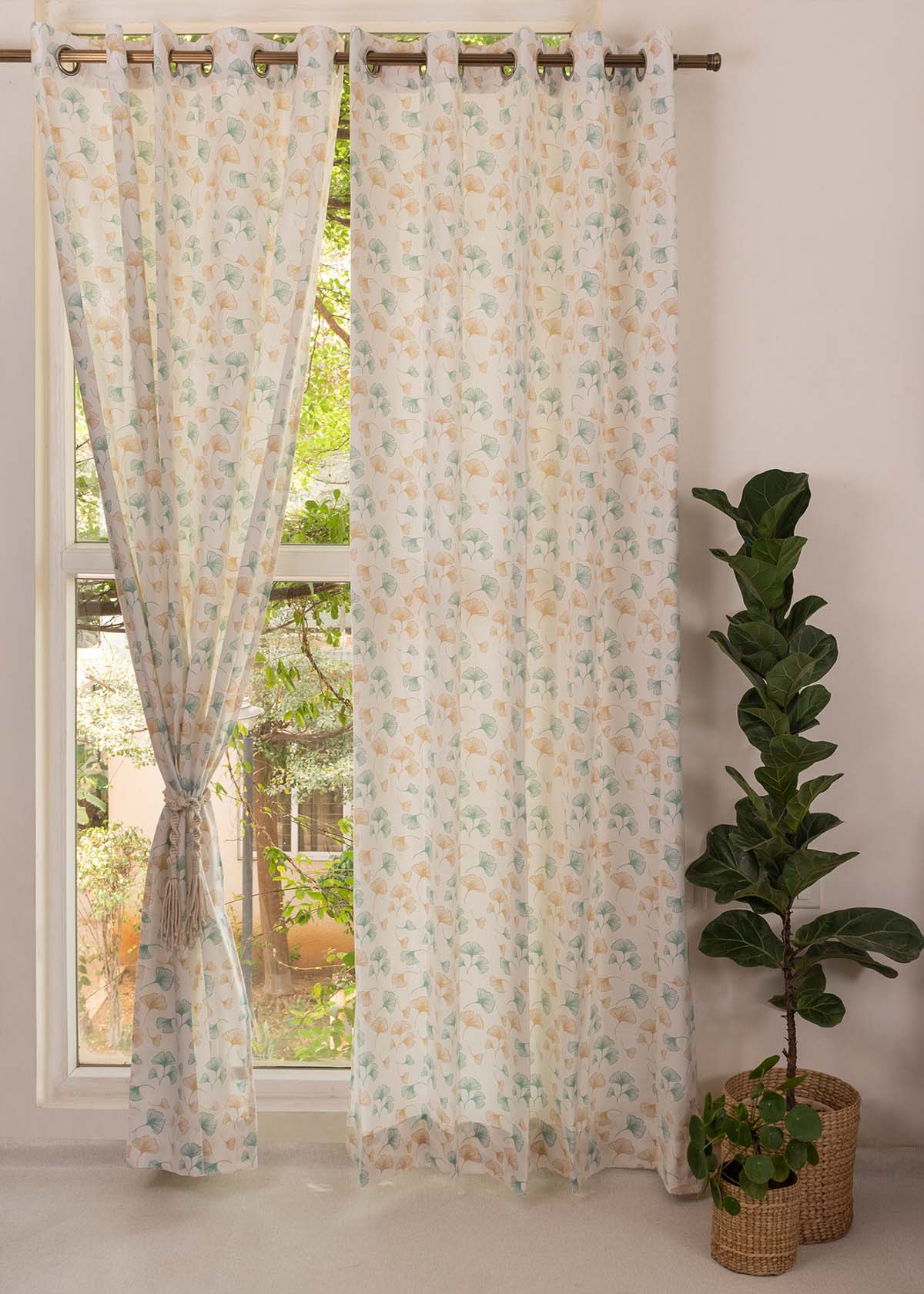 Gingko Printed Cotton Curtain - Nile Blue