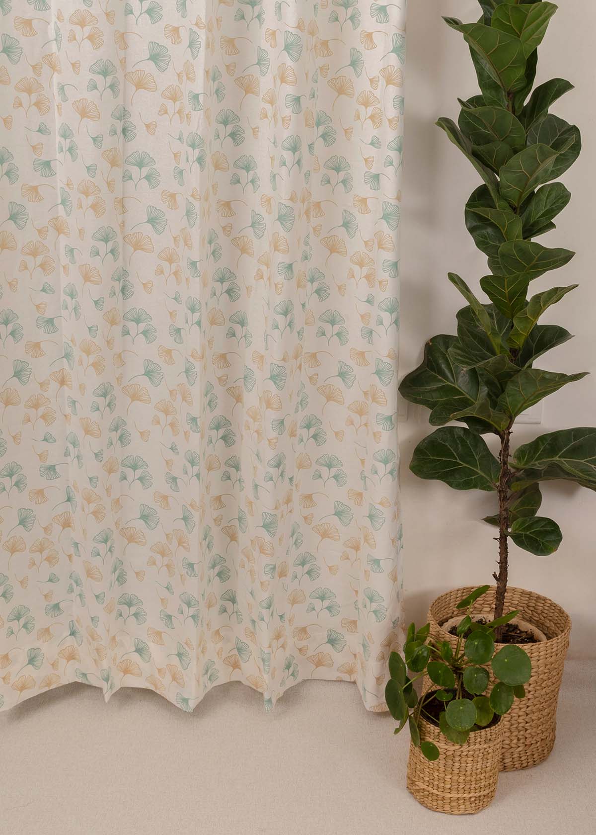 Gingko Printed Cotton Curtain - Nile Blue - Single