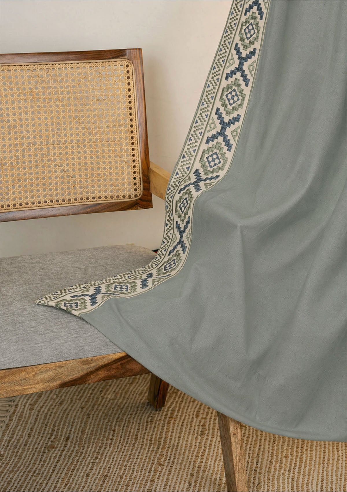 Glen Basil Green Embroidered Trim 100% Cotton Curtain For Living Room | Room Darkening | Single Piece
