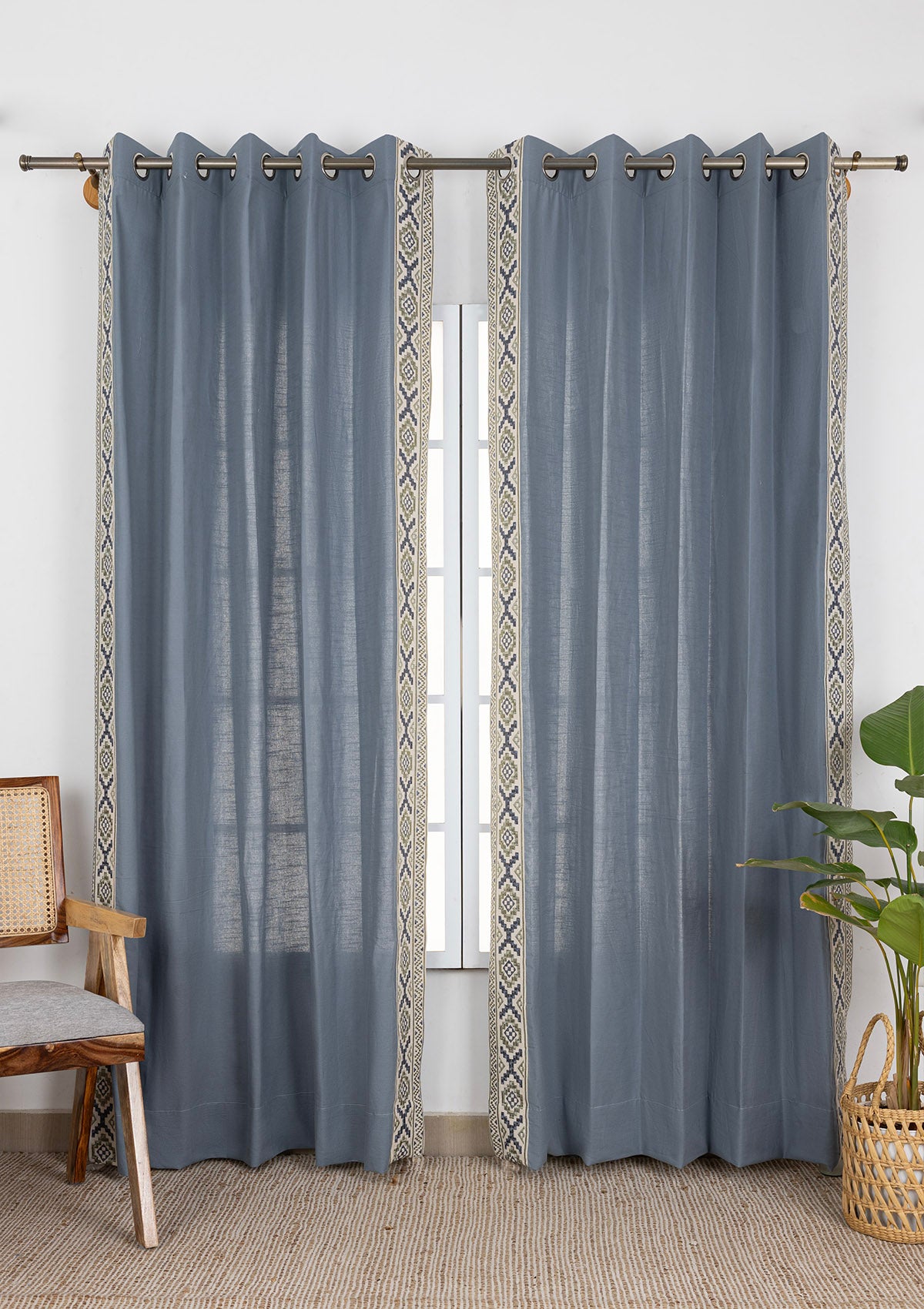 Glen Embroidered Trim Room Darkening & Still Water Printed Sheer Light Filtering | 100% Cotton for Living Room & Bedroom | Mist Blue | Combo Curtains | Pack of 4