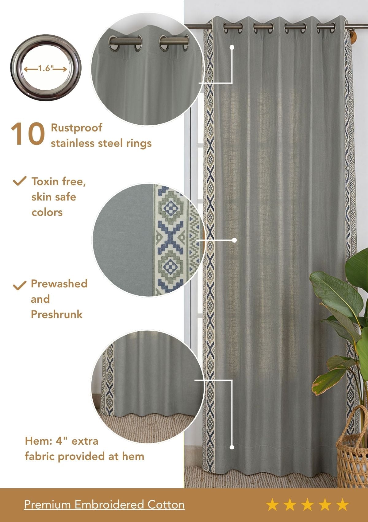 Glen Basil Green Embroidered Trim 100% Cotton Curtain For Living Room | Room Darkening | Single Piece