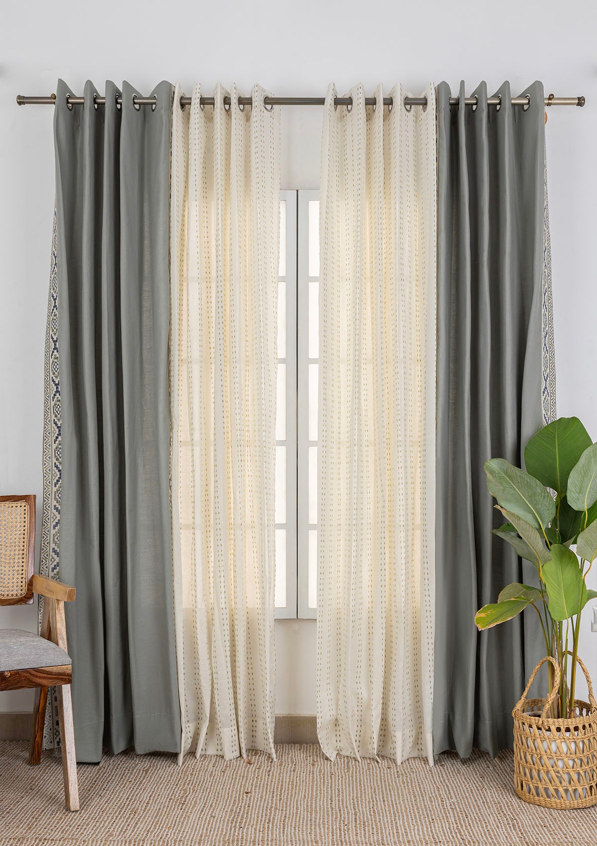 Glen Embroidered Trim Room Darkening & Juniper Printed Sheer Light Reduction | 100% Cotton for Living Room & Bedroom | Floral | Basil Green | Combo Curtains | Pack of 4