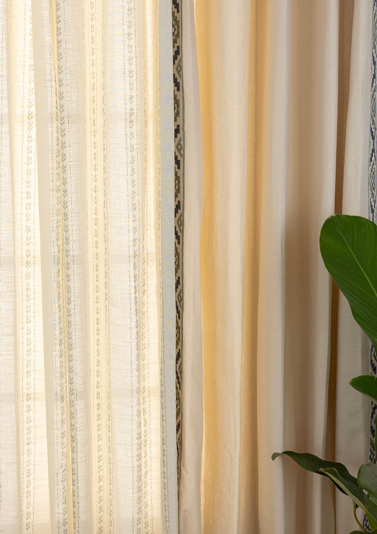 Glen Embroidered Trim Room Darkening & Juniper Printed Sheer Light Reduction | 100% Cotton for Living Room & Bedroom | Floral | Beige & Green | Combo Curtains | Pack of 4