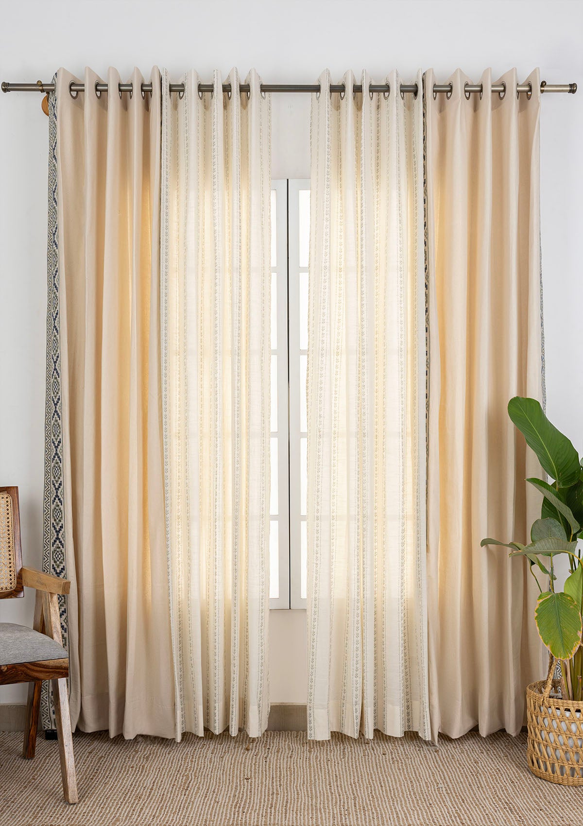 Glen Embroidered Trim Room Darkening & Juniper Printed Sheer Light Reduction | 100% Cotton for Living Room & Bedroom | Floral | Beige & Green | Combo Curtains | Pack of 4