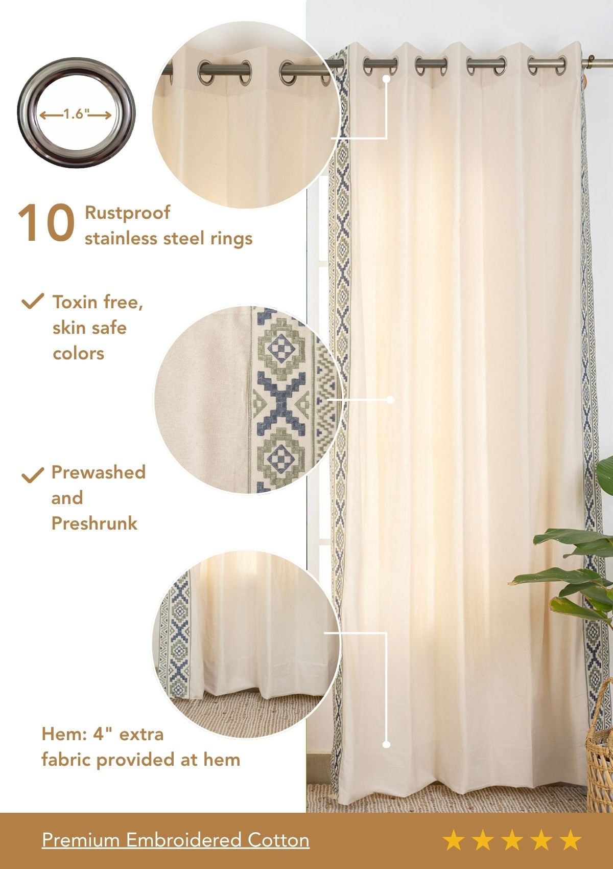 Glen Beige Embroidered Trim 100% Cotton Curtain For Living Room | Room Darkening | Single Piece