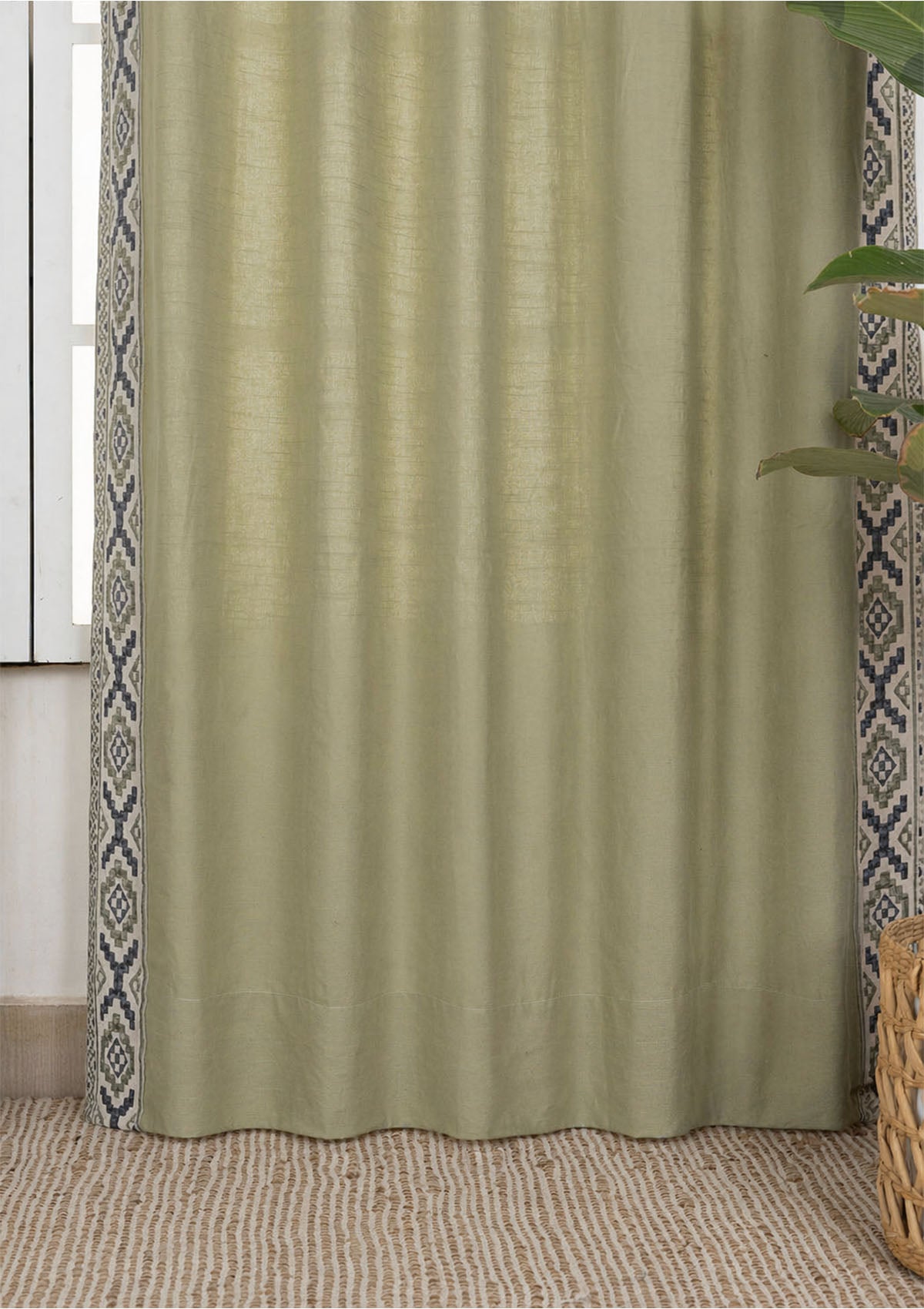 Glen Herb Green Embroidered Trim 100% Cotton Curtain For Living Room |Room Darkening | Single Piece