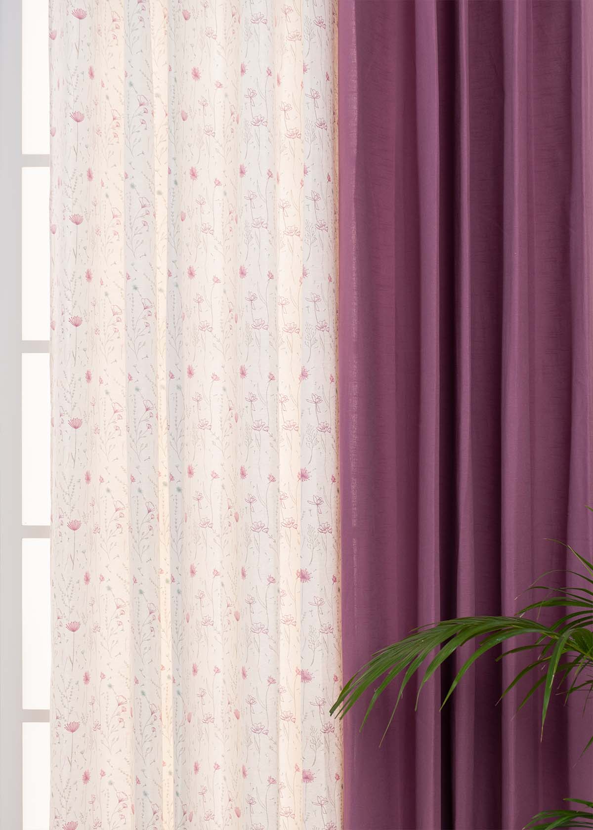 Grape Solid, Drifting Dandelion Set Of 2 Combo Cotton Curtain - Grape Lavender