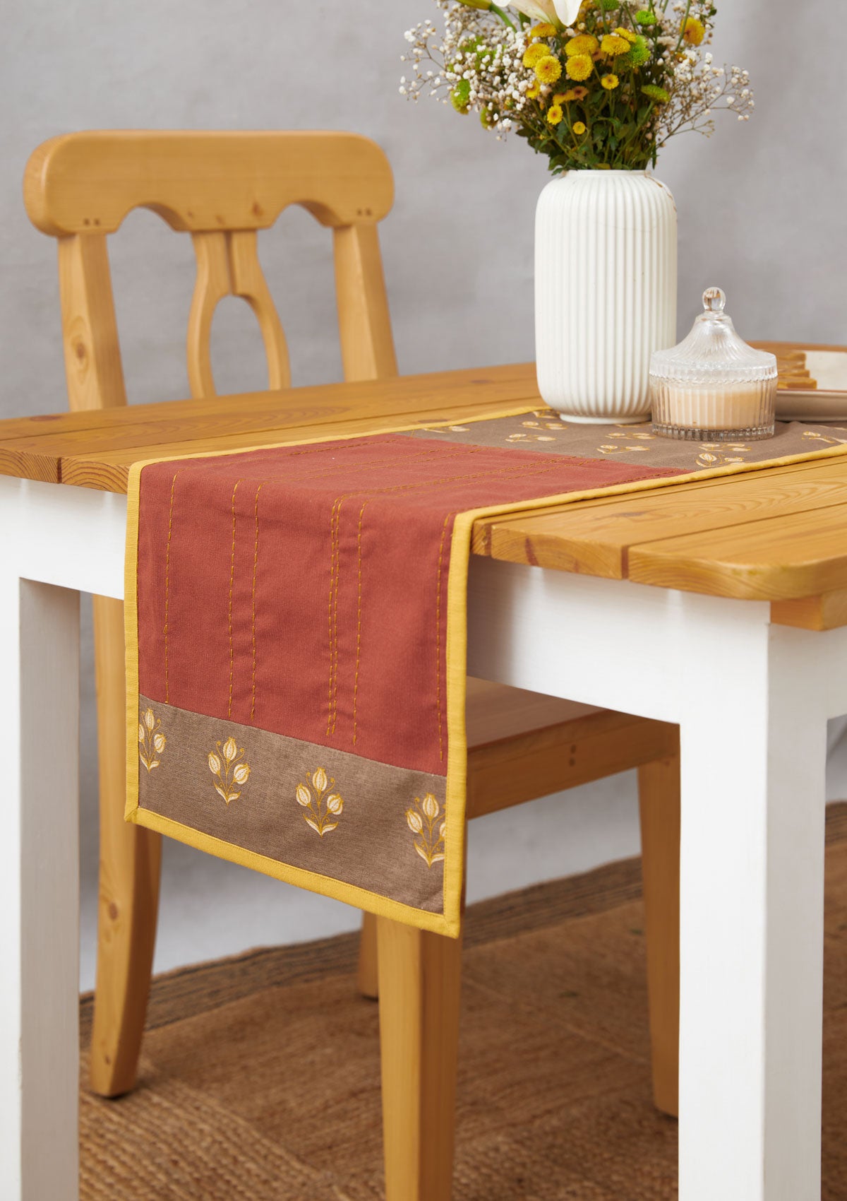 Great Rann 100% cotton elegant table runner for 4 seater or 6 seater Dining with tassels - Brick red