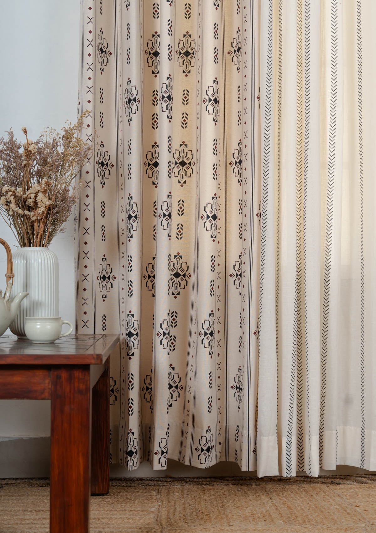 Gypsy floral cotton curtain with Spear geometric sheer 100% cotton curtains for living room - Set of 4