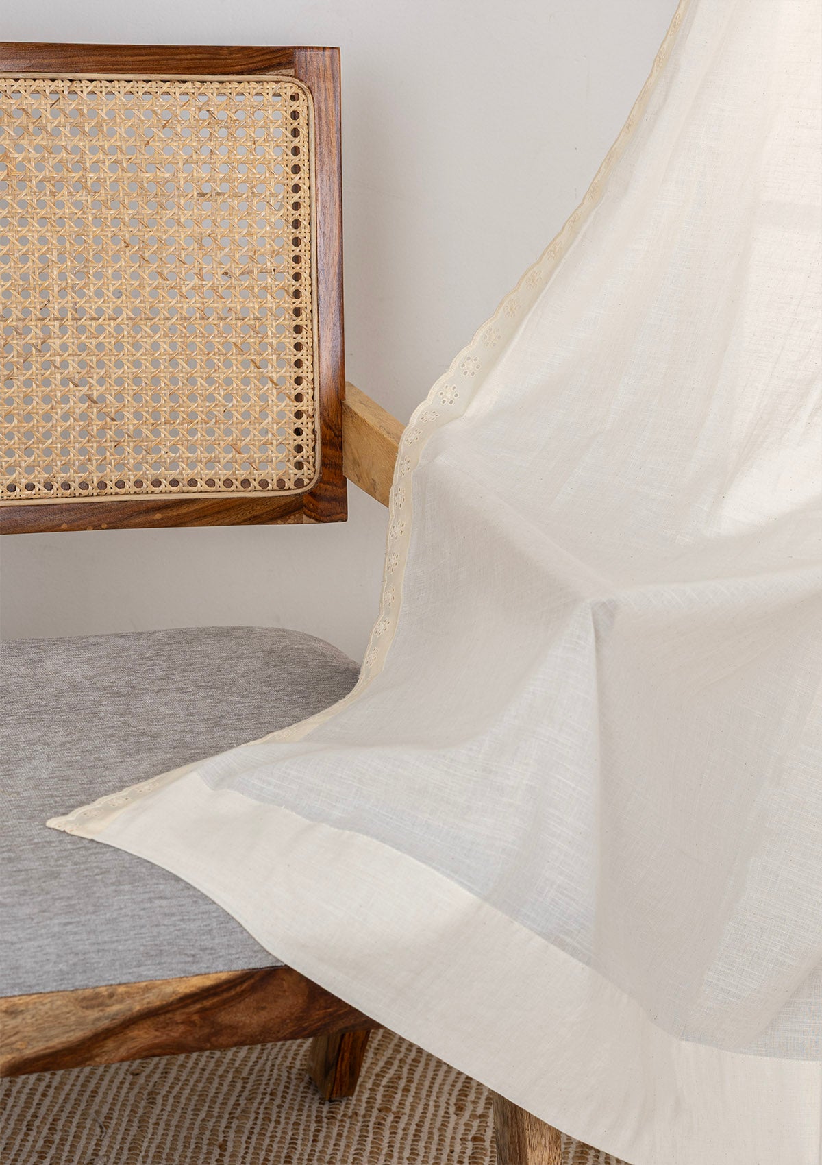 Hakoba Cream Sheer Lace Trim 100% Cotton Curtain For Living Room | Room Darkening | Single Piece