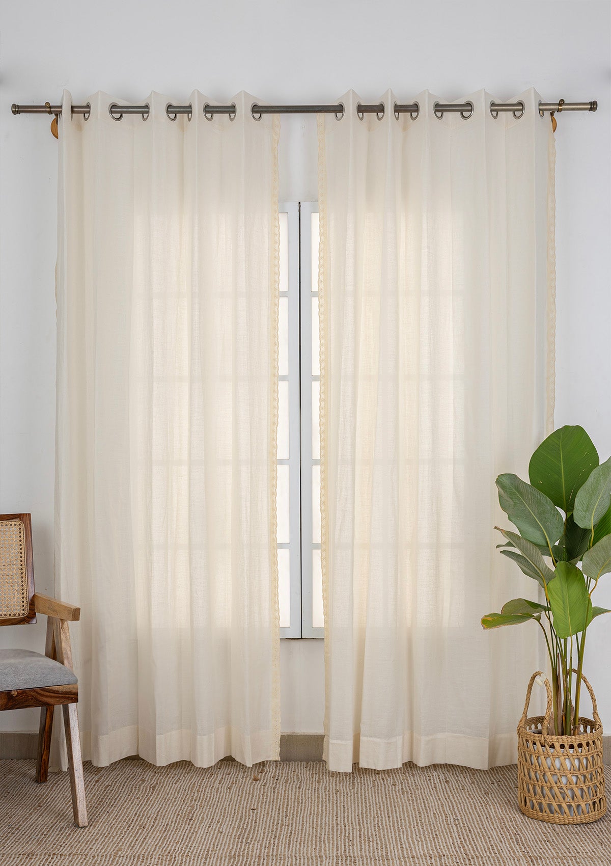 Hakoba Solid Lace Trim Room Darkening & Vanilla Solid Textured Room Darkening |100% Cotton for Living Room & Bedroom | Cream & Beige | Combo Curtains | Pack of 4