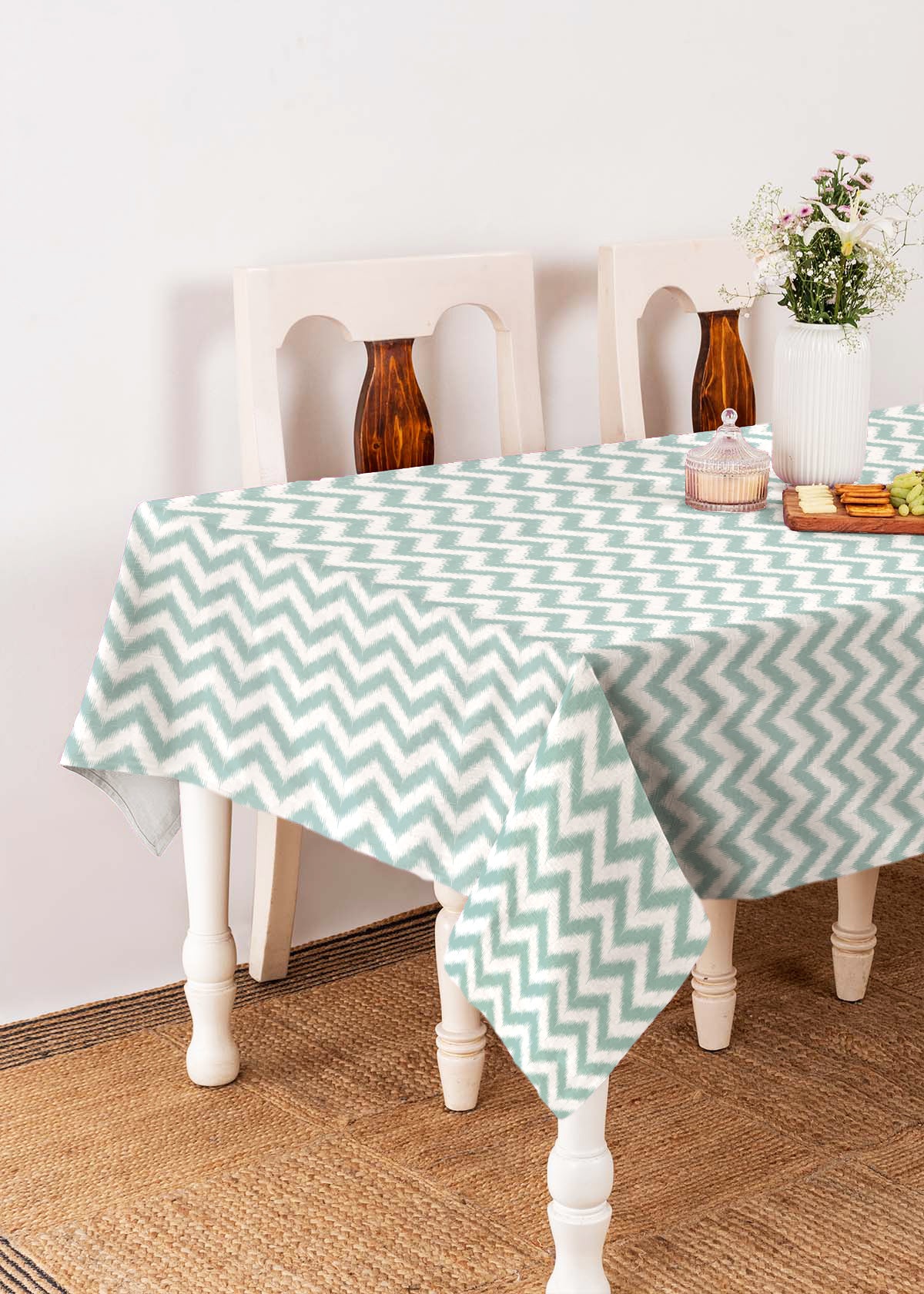 Ikat 100% cotton customisable geometric table cloth for dining - Nile Blue