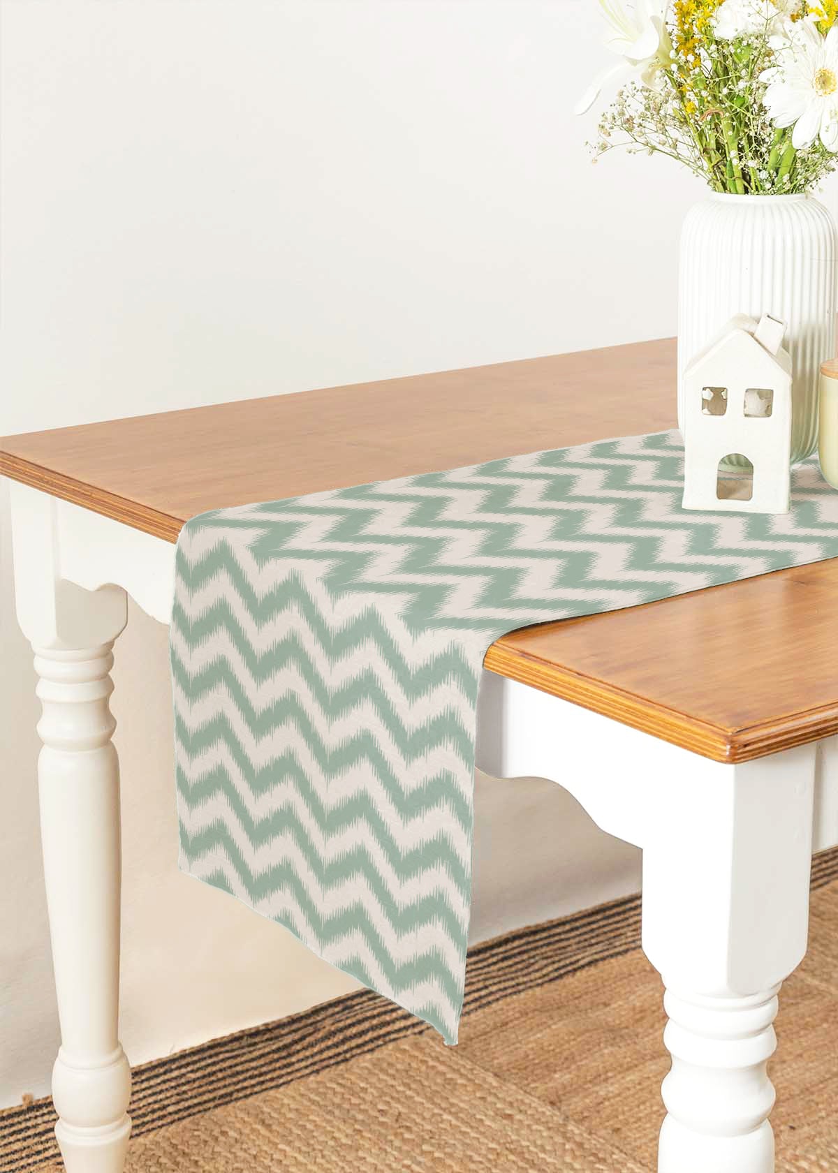 Ikat 100% cotton customisable geometric table Runner for dining - Nile Blue