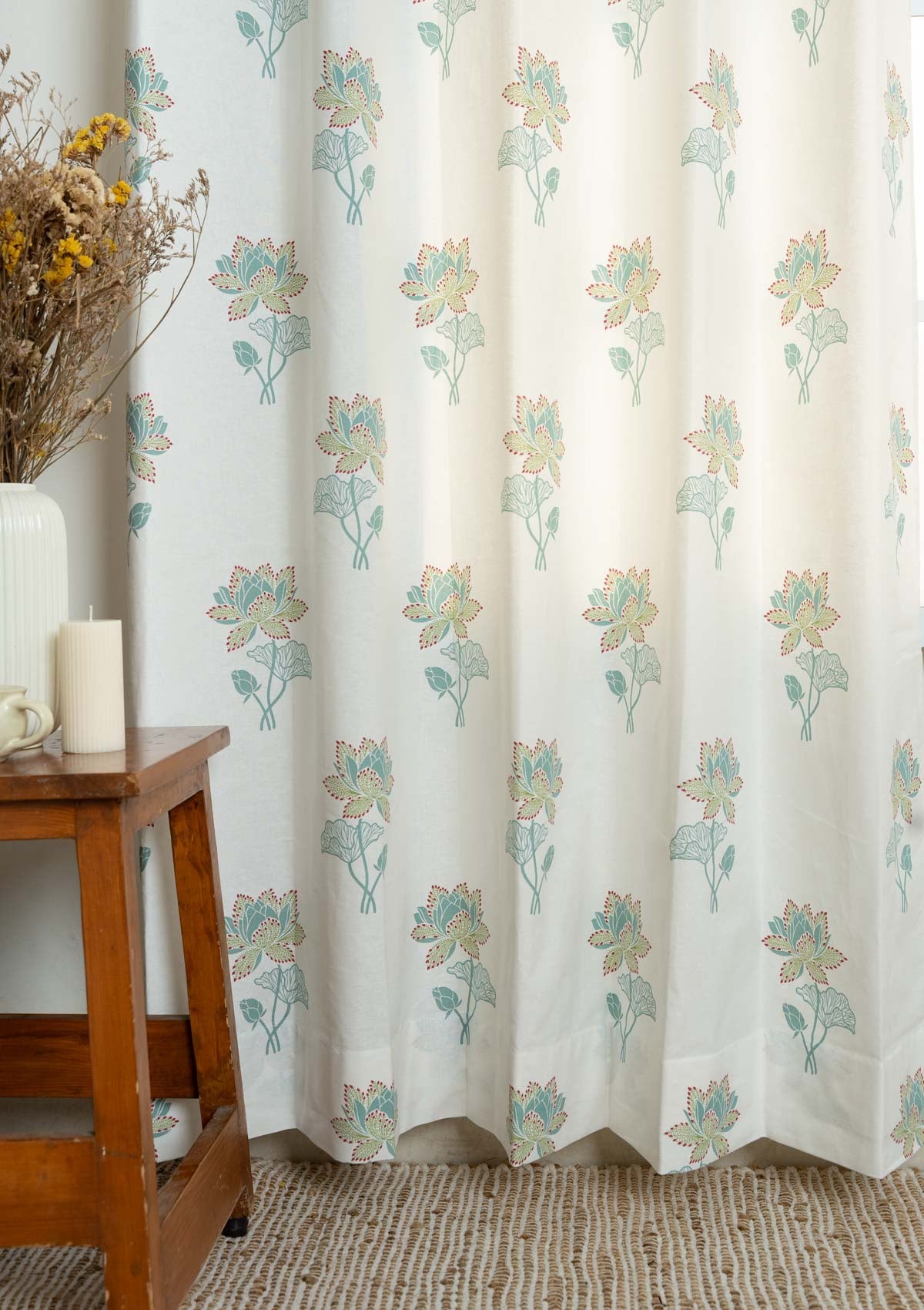 Kamala Floral Printed 100% Cotton Curtain for Living Room and Bedroom - Nile blue and Leaf Green - Single Piece