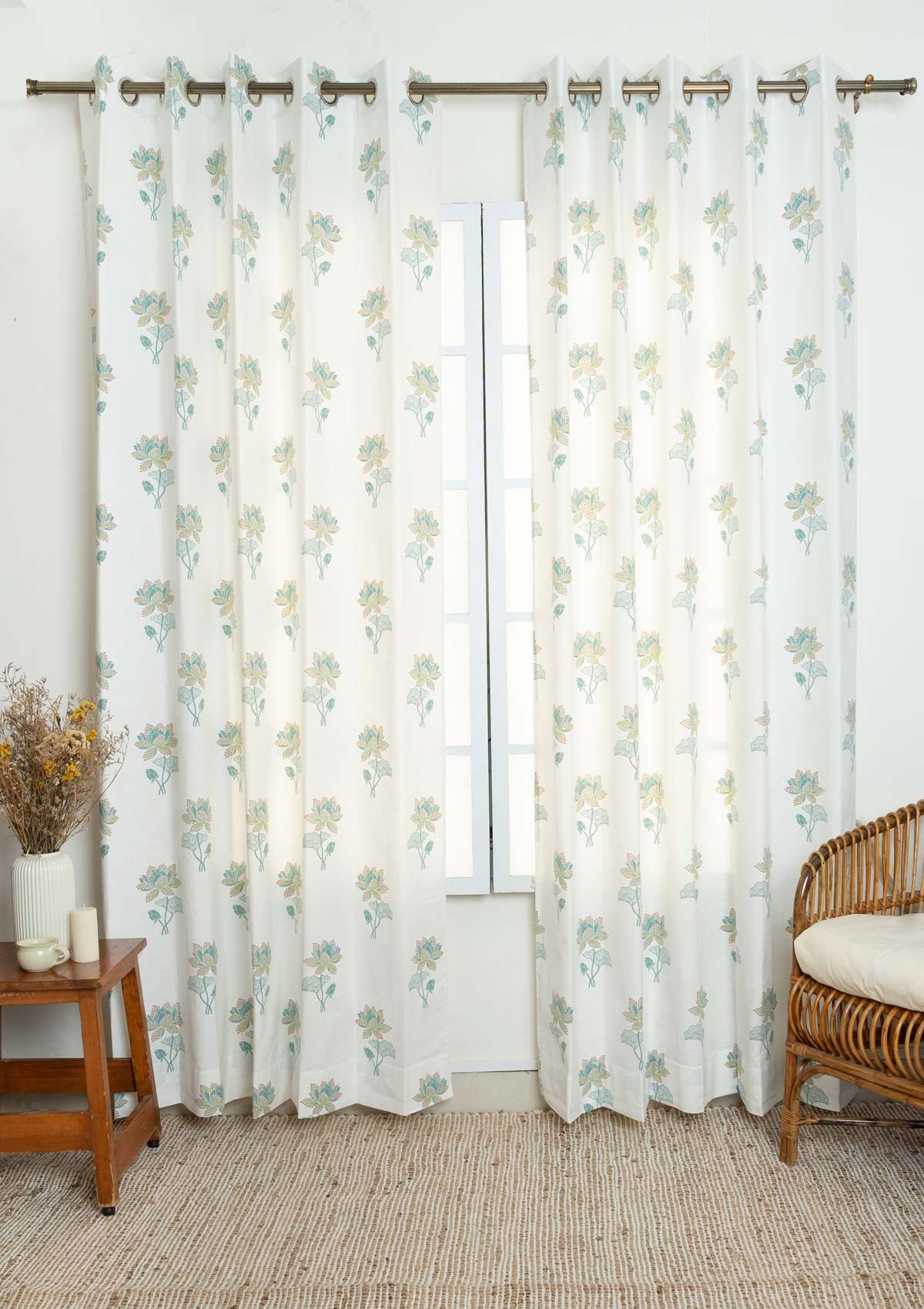 Kamala Floral Printed 100% Cotton Curtain for Living Room and Bedroom - Nile blue and Leaf Green - Single Piece