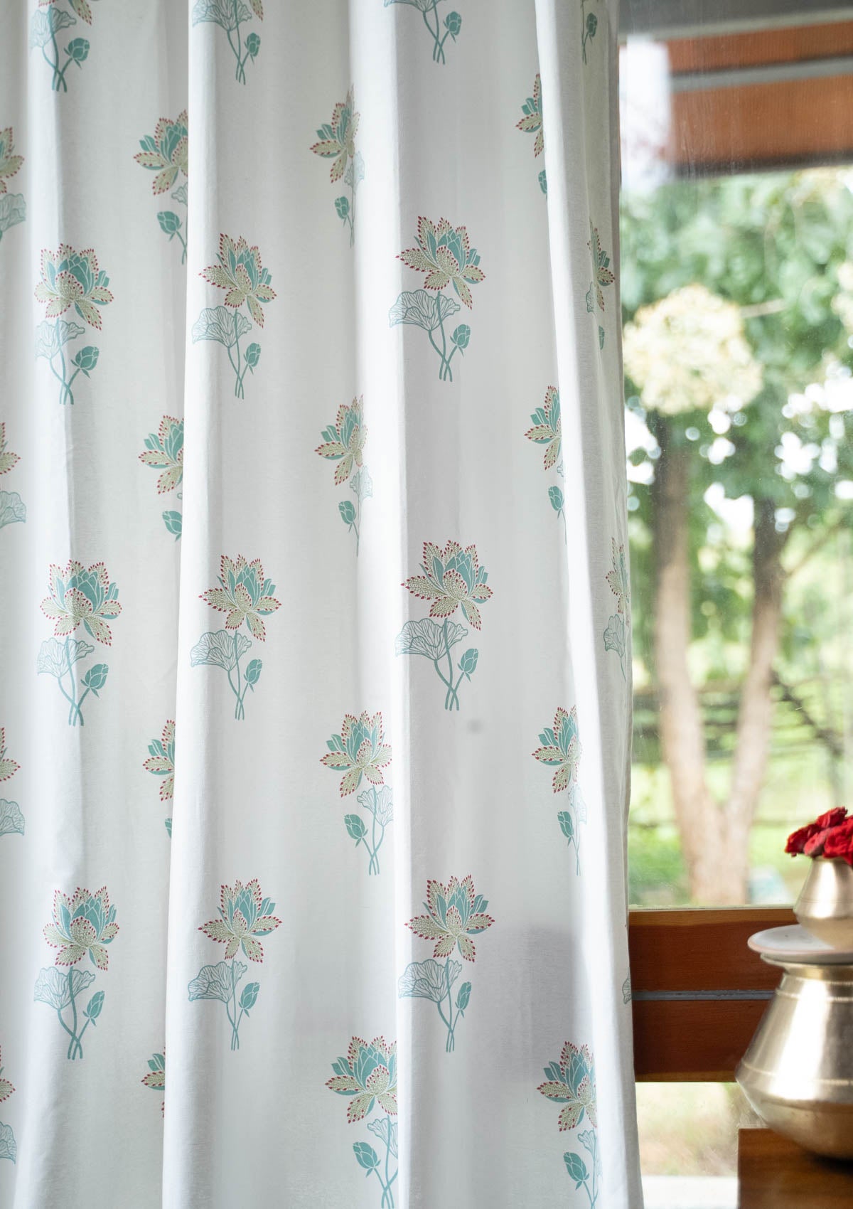 Kamala Floral Printed 100% Cotton Curtain for Living Room and Bedroom - Nile blue and Leaf Green - Single Piece