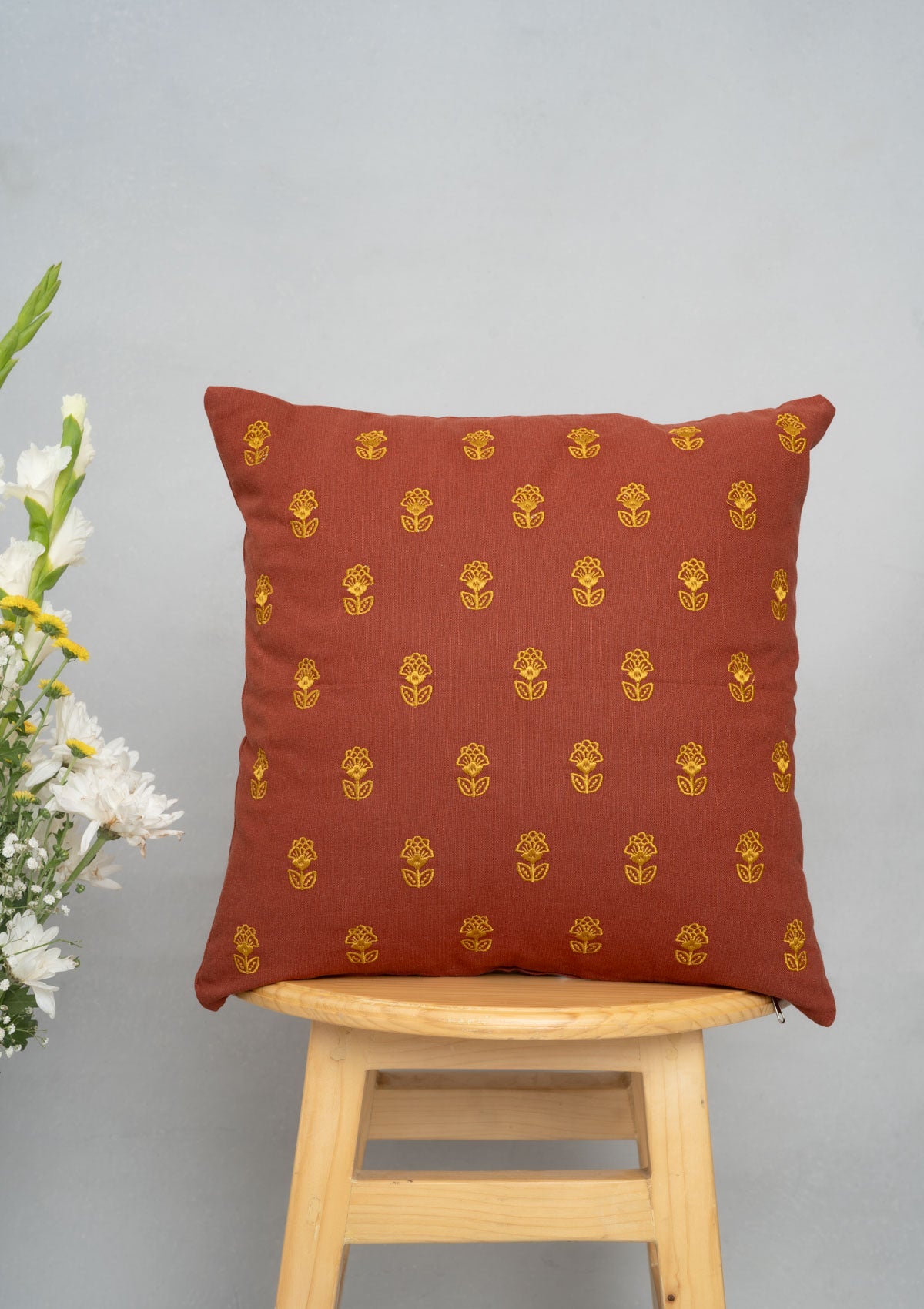 Kesar 100% cotton embroidered decorative cushion cover for sofa - Brick Red
