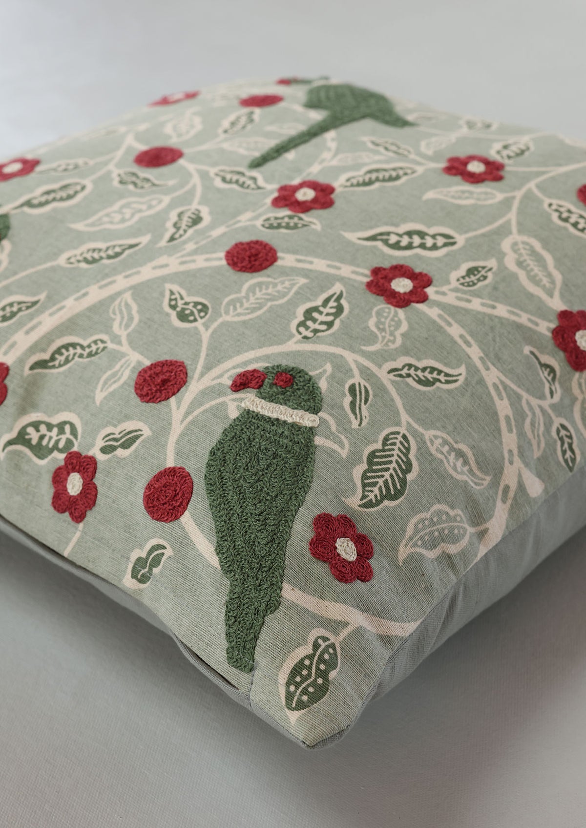 Khera Green | Embroidered Floral | 100% Cotton Cushion Cover For Sofa