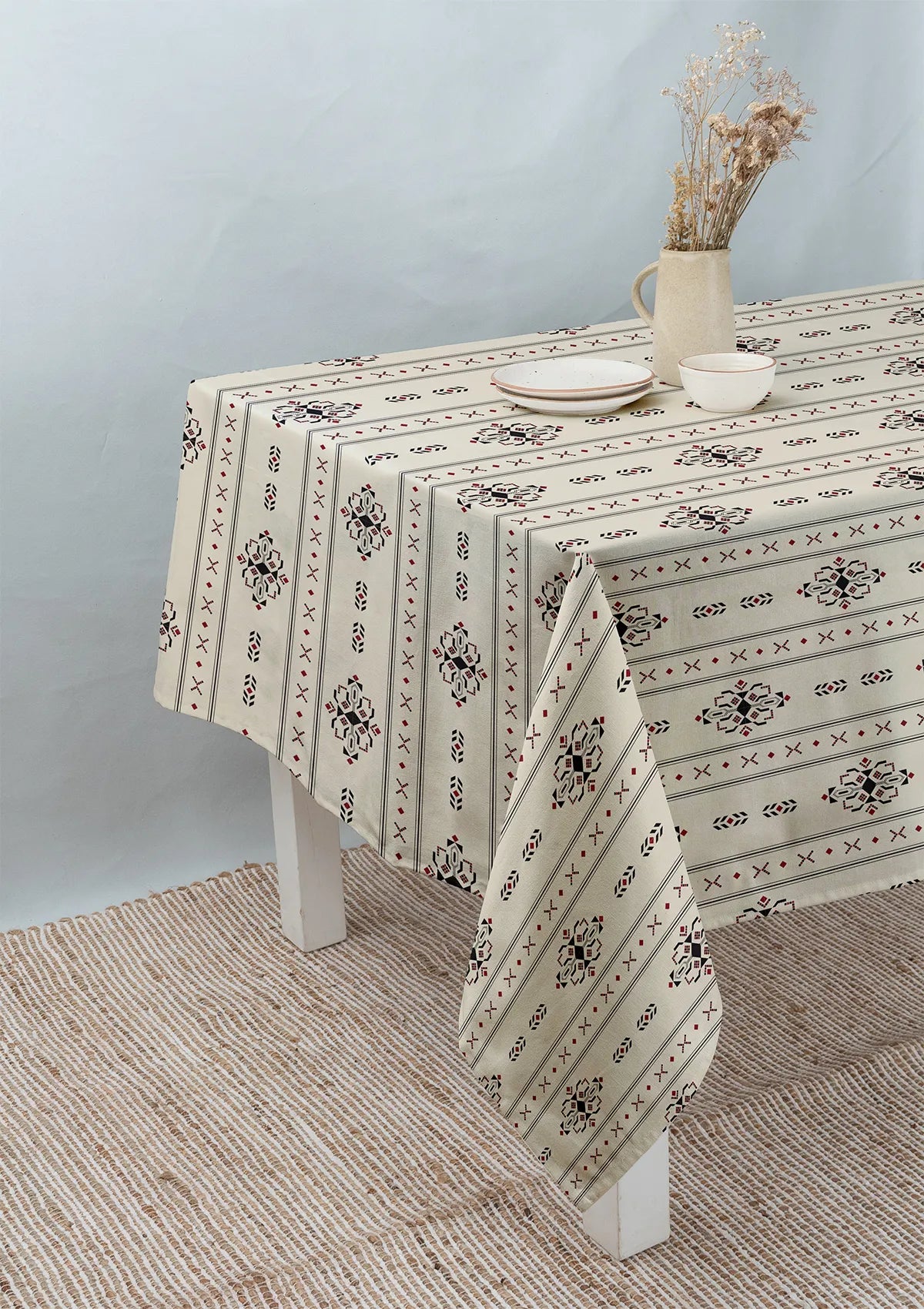 Gypsy 100% cotton geometric table cloth for 4 seater or 6 seater dining - Black
