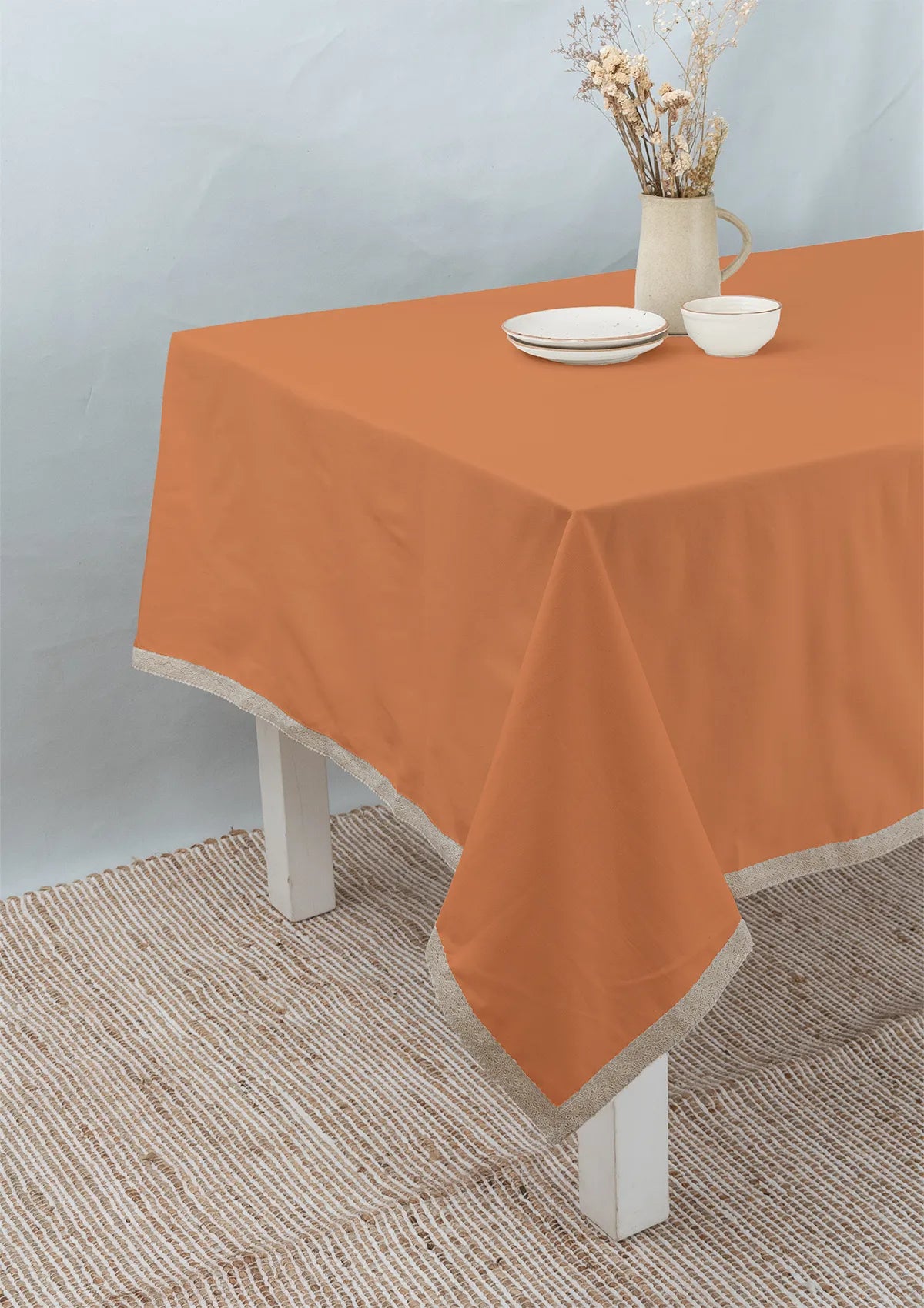 Solid orange 100% cotton plain table cloth for 4 seater or 6 seater dining with lace border