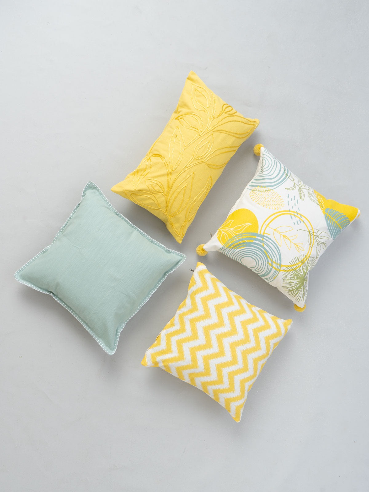 Leafy Affair Yellow 12" X 20", Free Spirit 16", Ikat Chevron Yellow 16", Nile Blue Solid 16" Set Of 4 Combo Cotton Cushion Cover - Yellow