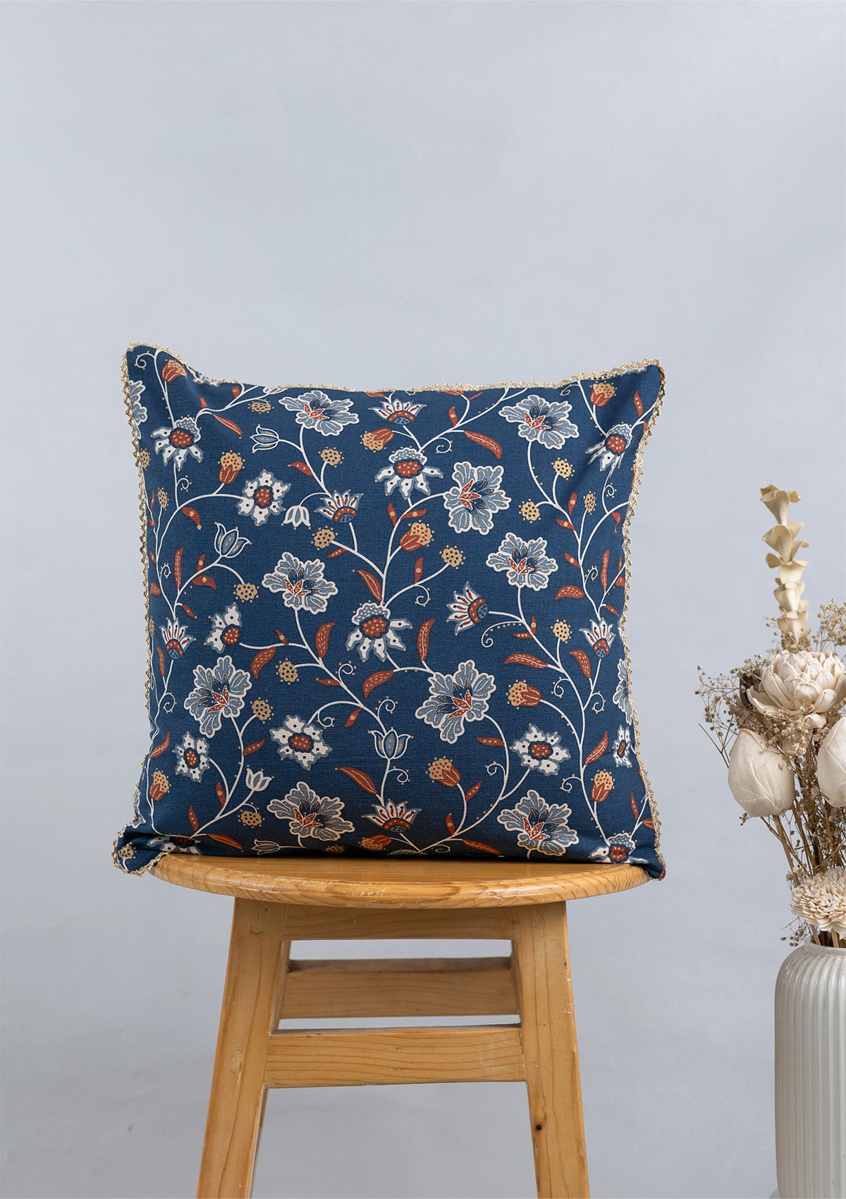 Leher Gold printed & Mani Printed 100% Cotton Cushion Covers for Sofa - Indigo and Red - Pack of 2