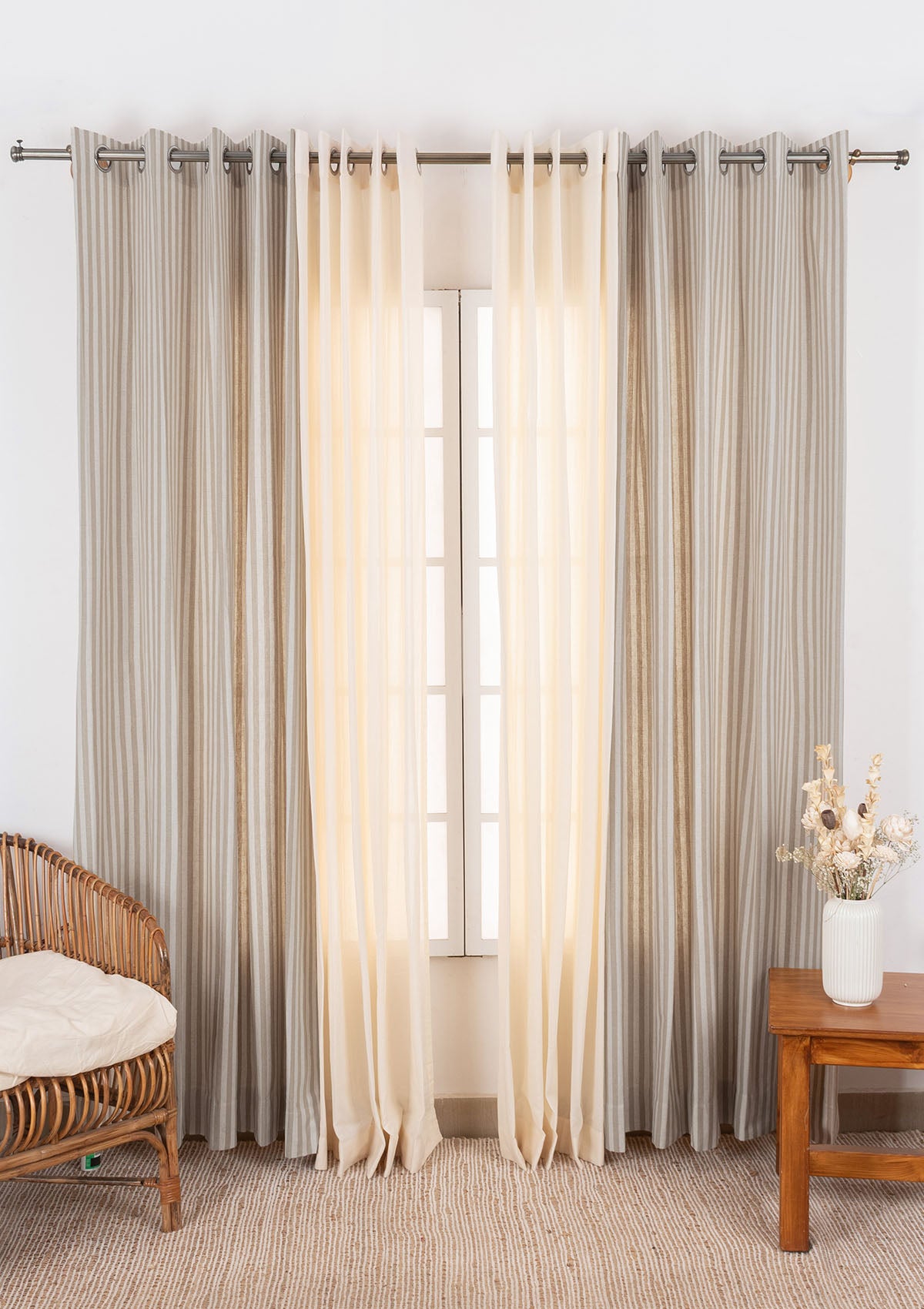 Loom Geometric Pattern Linen Curtain with Solid Cream Sheer - 100% Cotton Light Reduction Curtain for Living Room - Grey & Cream - Pack of 4