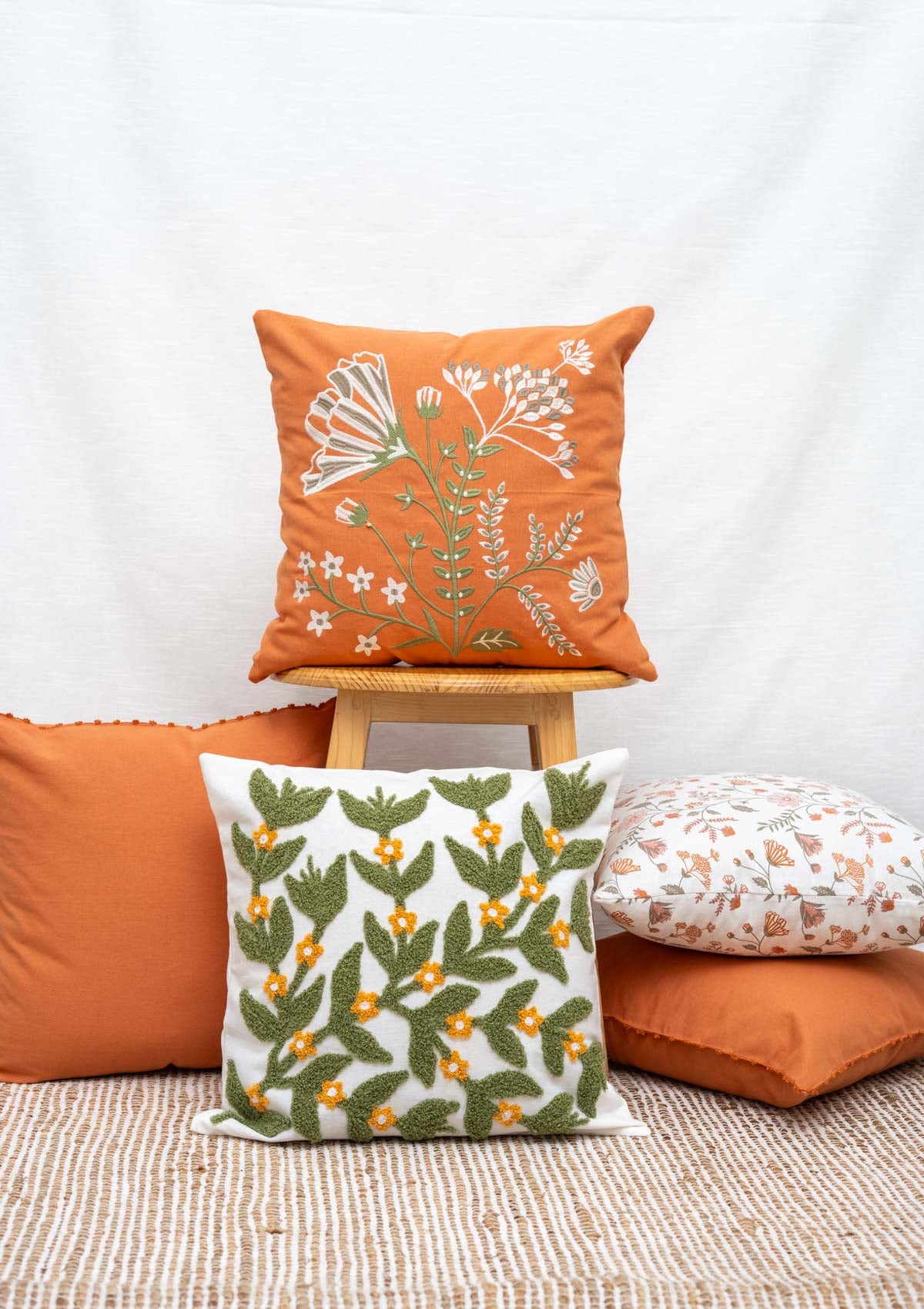 Lush 100% cotton embroidered floral cushion cover combo set for sofa - Orange and Green
