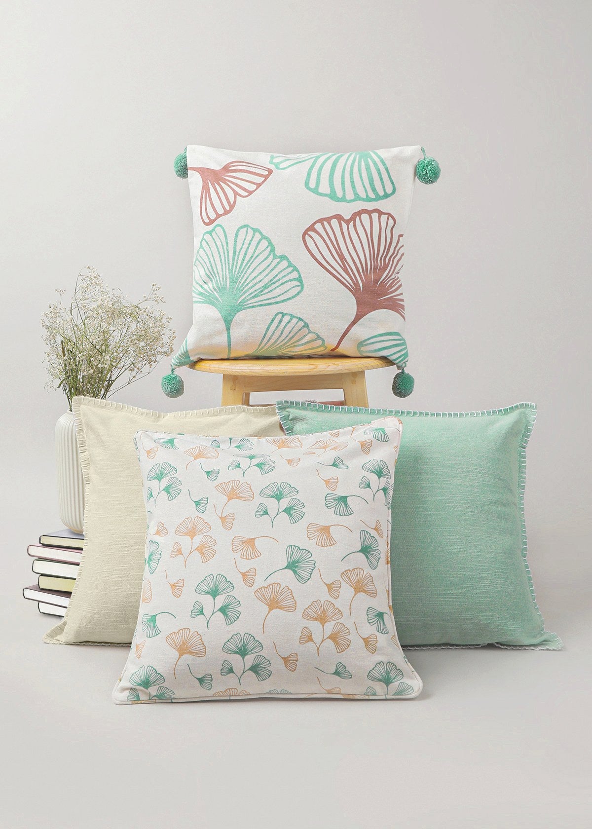 Gingko Nile Blue 16" , Nile Blue 16" , Maidenhair 16" , Cream Solid 16" Set Of 4 Combo Cotton Cushion Cover - Nile Blue, Cream