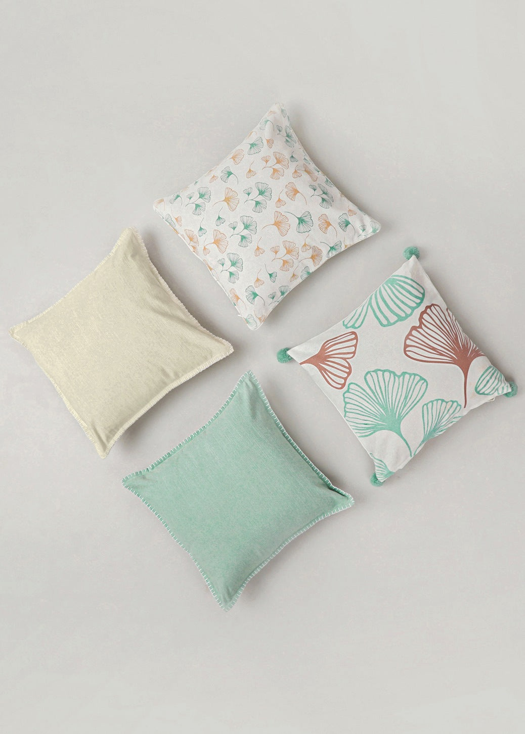 Gingko Nile Blue 16" , Nile Blue 16" , Maidenhair 16" , Cream Solid 16" Set Of 4 Combo Cotton Cushion Cover - Nile Blue, Cream