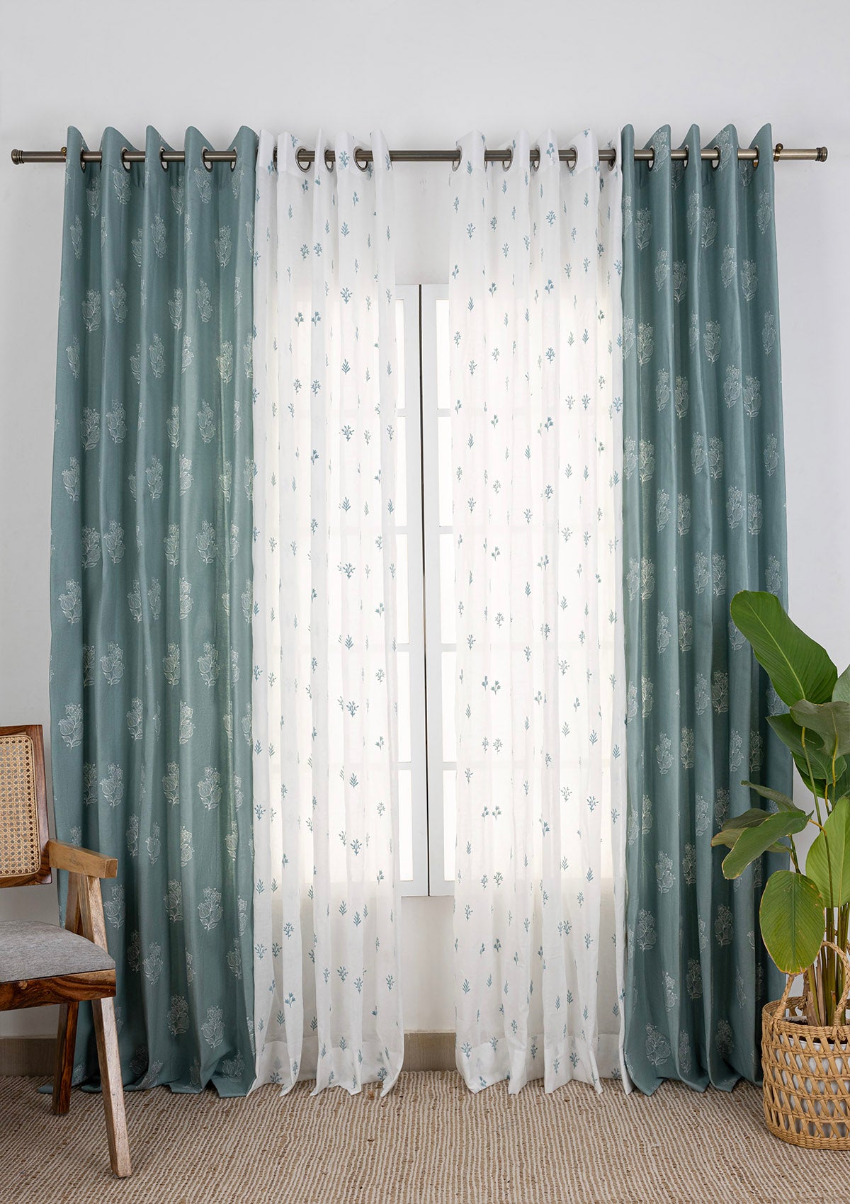 Malabar Printed Light Reduction & Petal Embroidered Sheer Light Filtering | 100% Cotton for Living Room & Bedroom | Floral | Marine Teal & Nile Blue | Combo Curtains | Pack of 4
