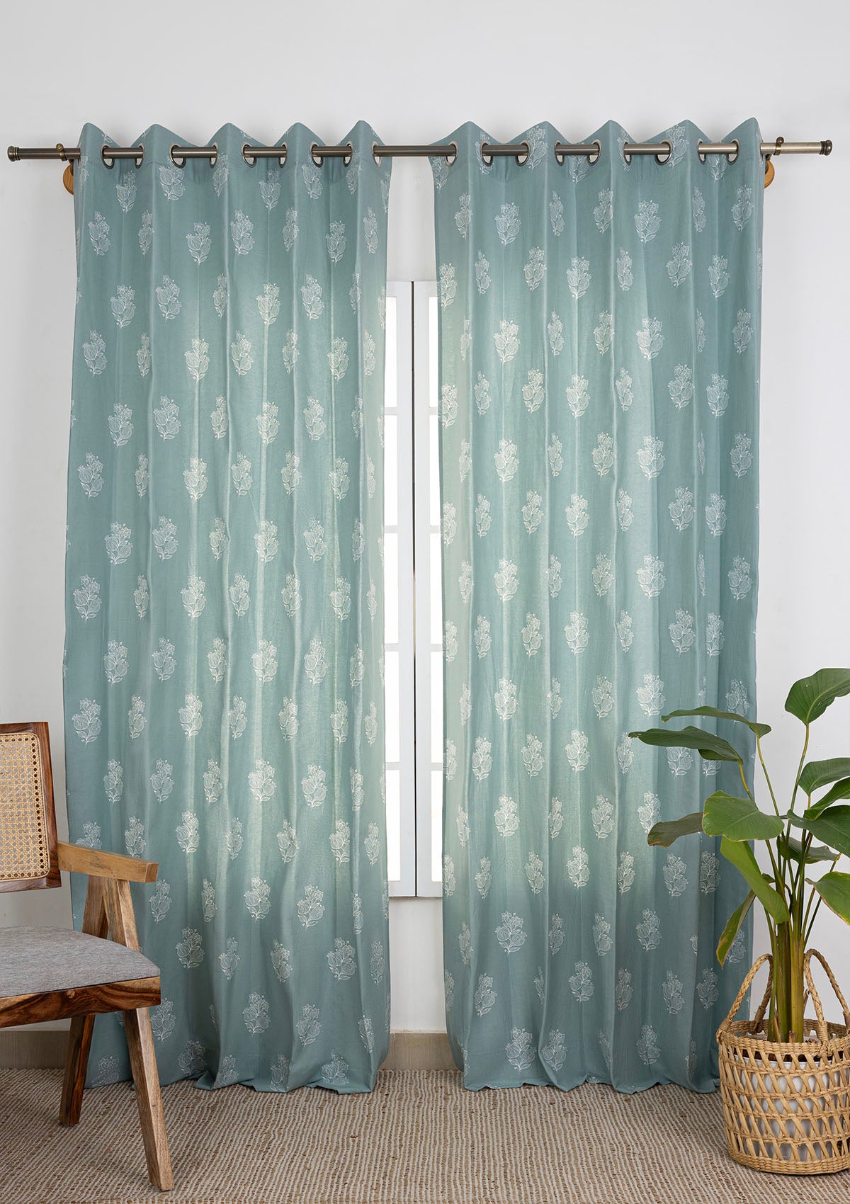 Malabar Printed Light Reduction & Petal Embroidered Sheer Light Filtering | 100% Cotton for Living Room & Bedroom | Floral | Marine Teal & Nile Blue | Combo Curtains | Pack of 4