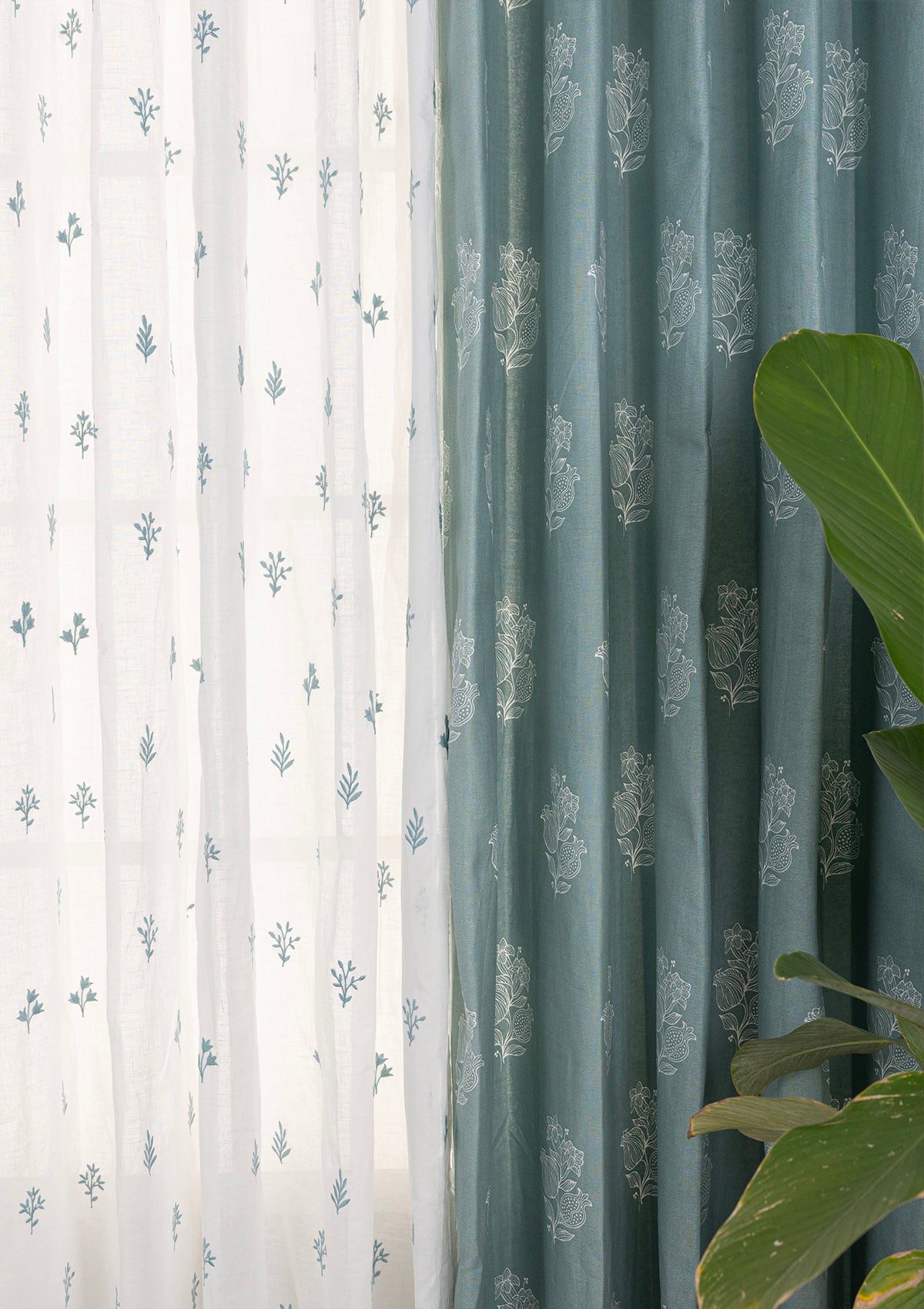 Malabar Printed Light Reduction & Petal Embroidered Sheer Light Filtering | 100% Cotton for Living Room & Bedroom | Floral | Marine Teal & Nile Blue | Combo Curtains | Pack of 4