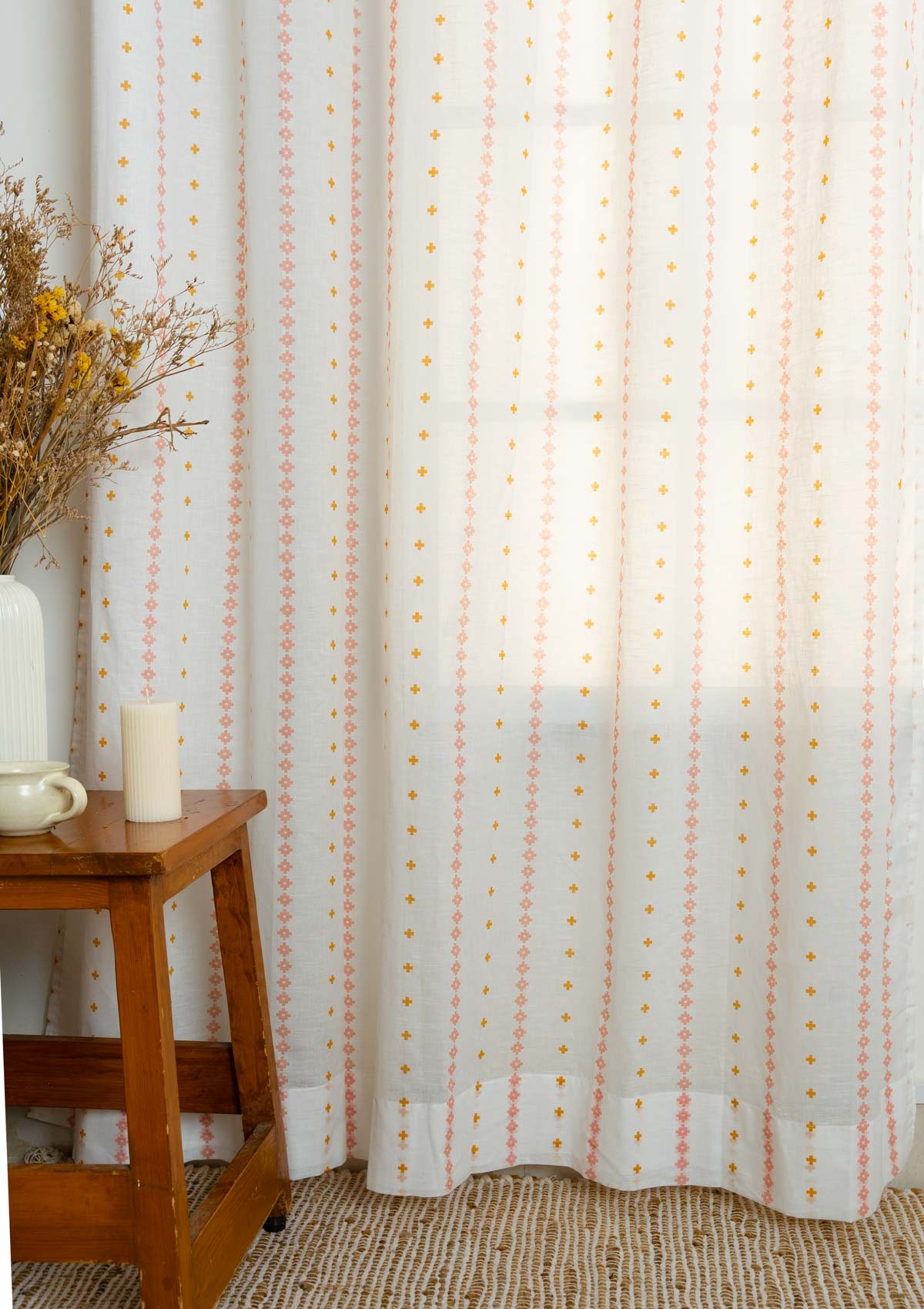 Mallige geometric minimal 100% cotton sheer curtain for living room - Light filtering - Rust and Mustard - Single Piece