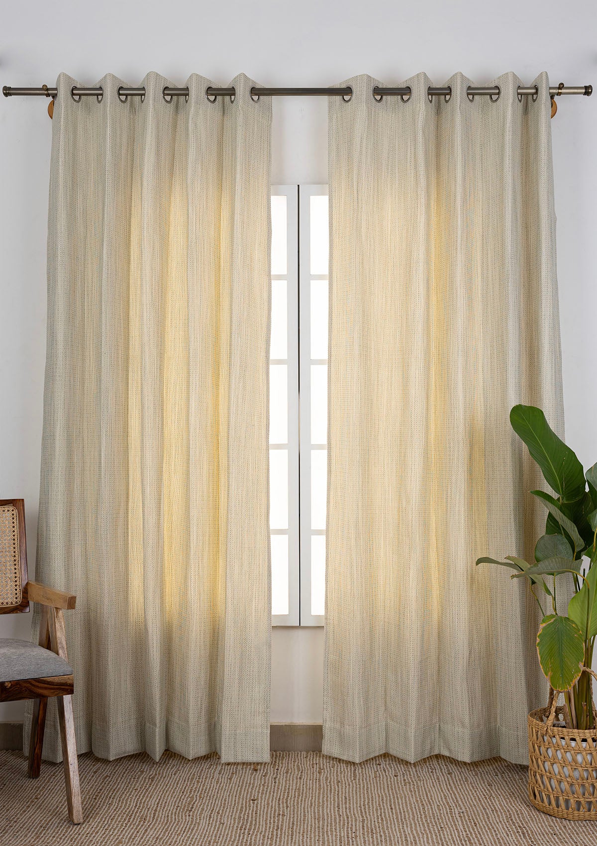 Matcha Green Textured 100% Cotton Curtain For Living Room | Light Filtering | Single Piece