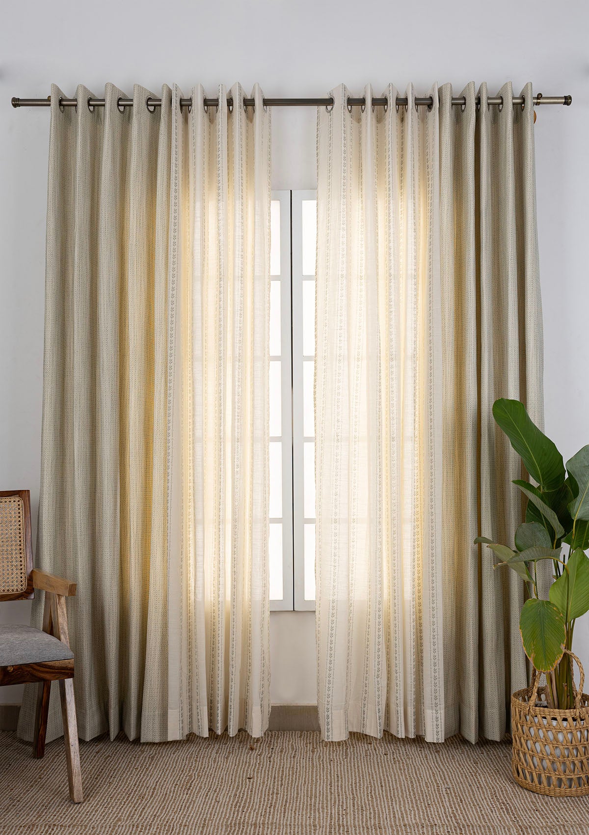 Matcha Textured Light Filtering & Juniper Printed Sheer Light Reduction | 100% Cotton for Living Room & Bedroom | Floral | Green | Combo Curtains | Pack of 4