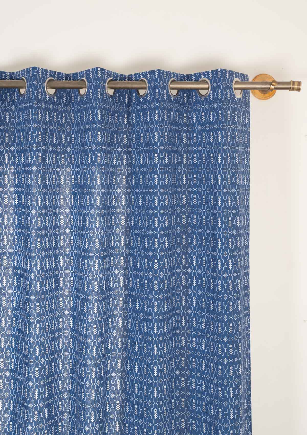 Meadows 100% cotton geometric curtain for bed room - Room darkening - Indigo - Single - Pack of 1