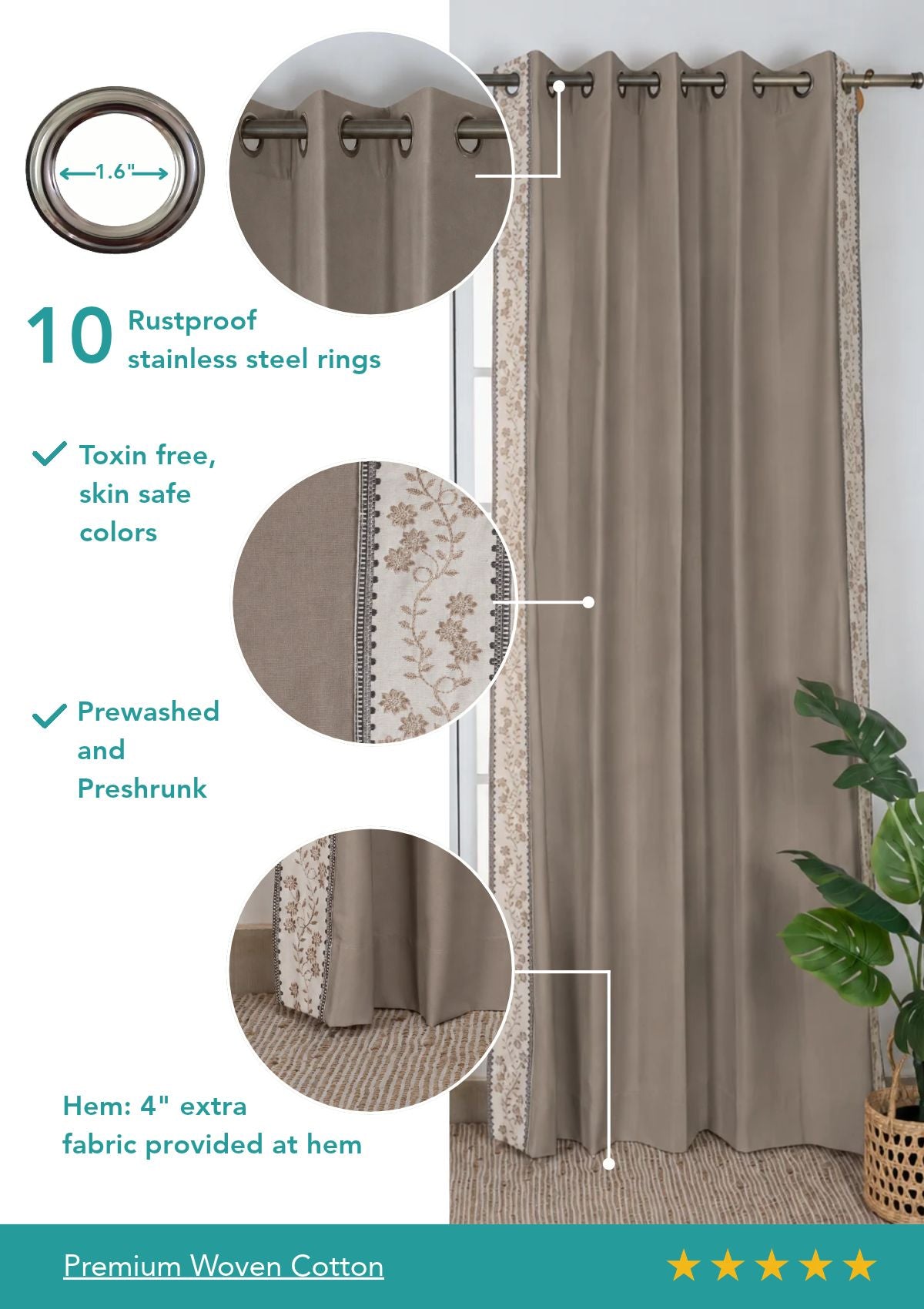 Mogra Walnut Grey & Brown Floral 100% Cotton Embroidered Curtain For Livingroom / Bedroom | Room Darkening | Single Piece