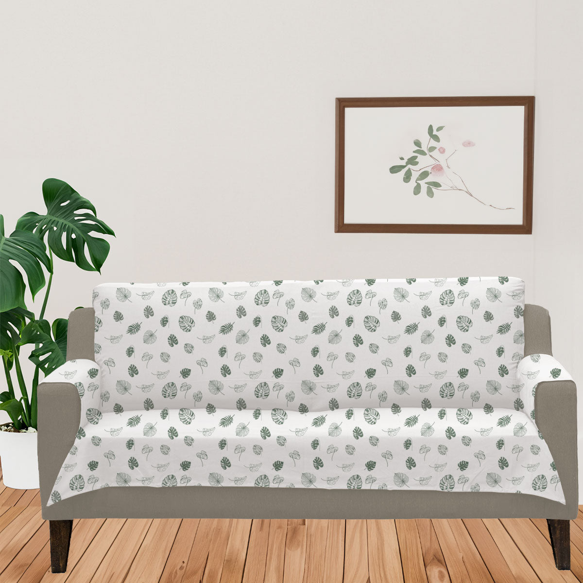 Monstera Printed 100% Cotton floral Sofa cover - Green