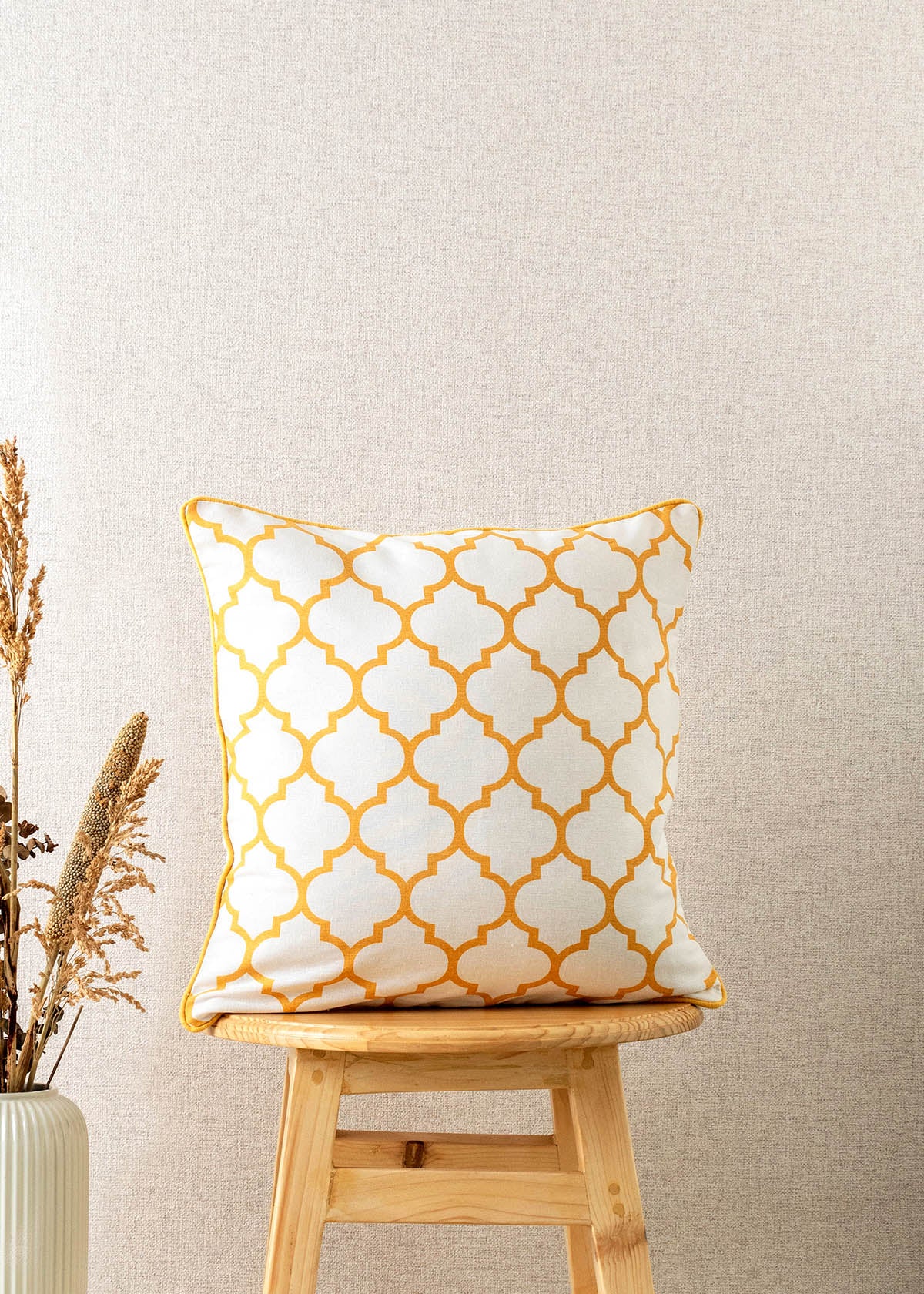 Trellis Printed 100% cotton geometric cushion cover for sofa - Mustard