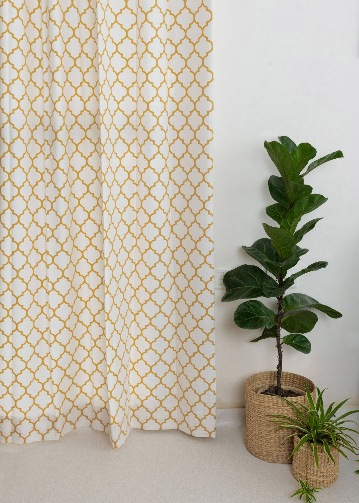 Trellis Printed 100% cotton geometric curtain for bed room - Room darkening - Mustard - Pack of 1