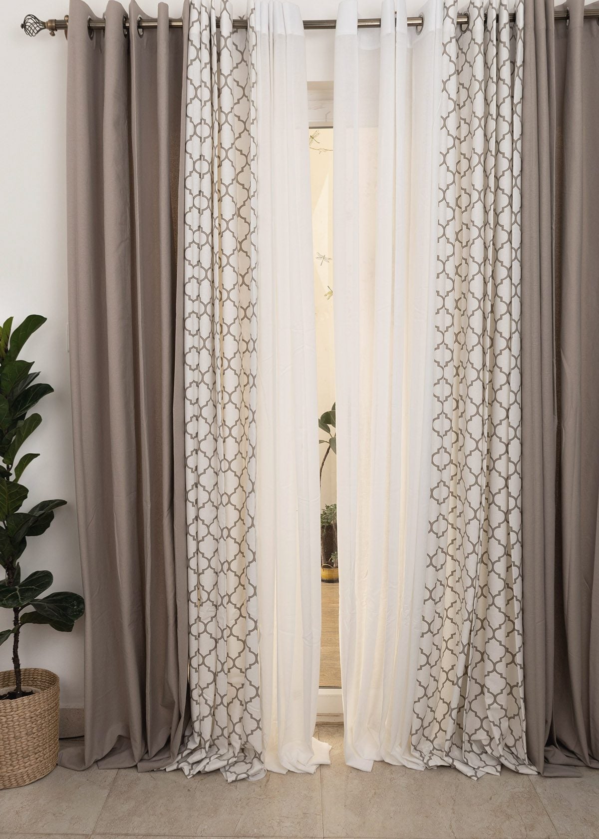 Trellis Walnut Grey, Walnut Grey,Warm White Solid Sheer Set Of 6 Combo Cotton Curtain - Walnut Grey And White