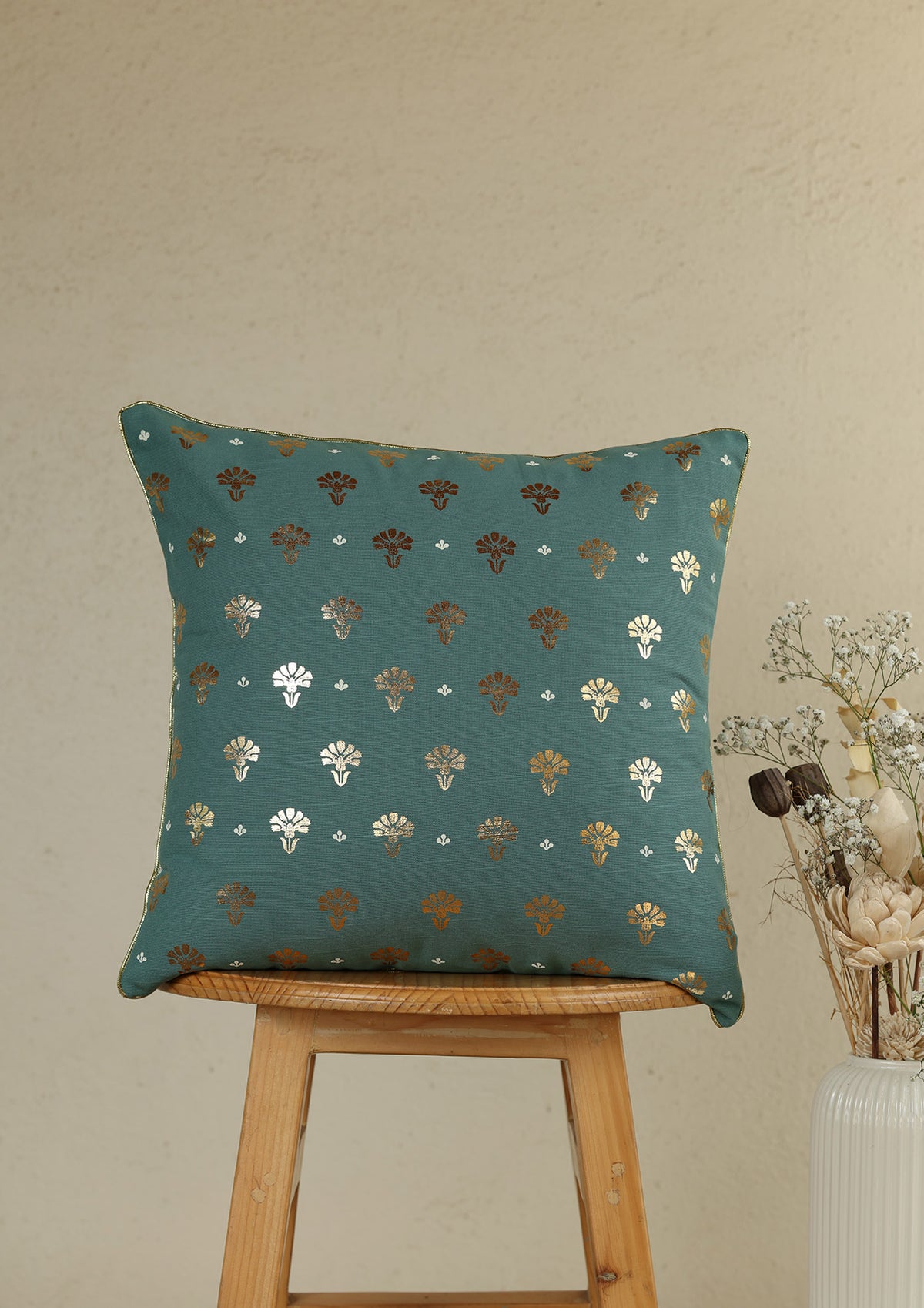 Mudra Teal | Gold Printed Floral | 100% Cotton Cushion Cover For Sofa