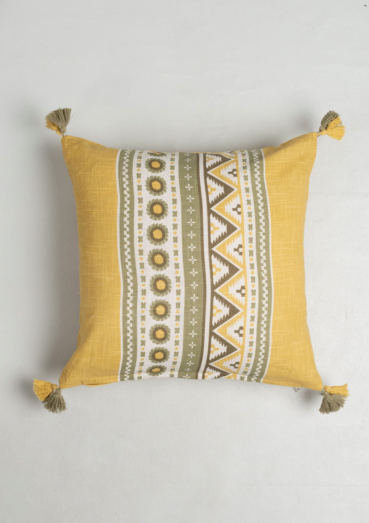 Nadar 100% Cotton Printed Geometric Cushion Cover for Sofa with Tassels – Yellow