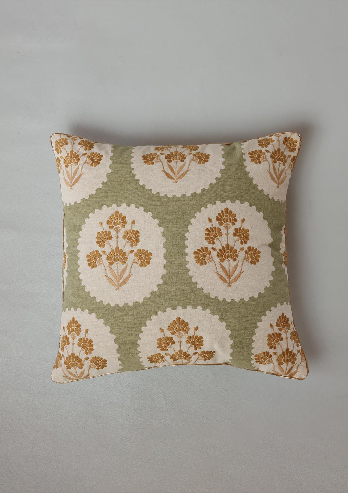 Nargis Green & Mustard | Embroidered Floral |100% Cotton Cushion Cover For Sofa