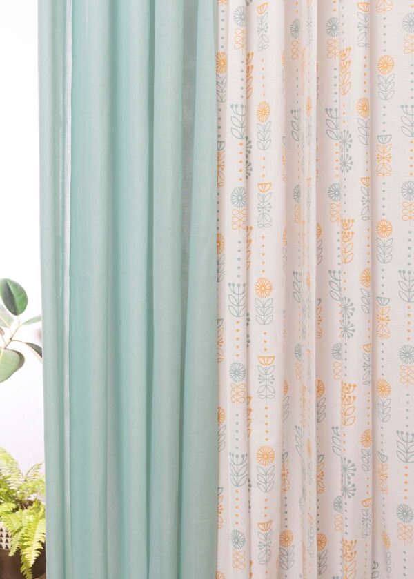 Wild Bouquet Corn Yellow ,Nile Blue Sheer Set Of 4 Combo Cotton Curtain - Corn Yellow And Nile Blue