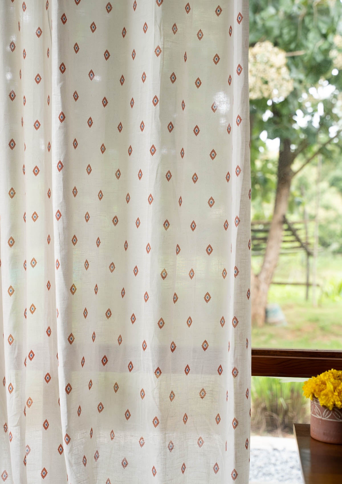 Noor Royal Blue and Brick Red minimal 100% cotton sheer curtain for living room - Light filtering - Single Piece
