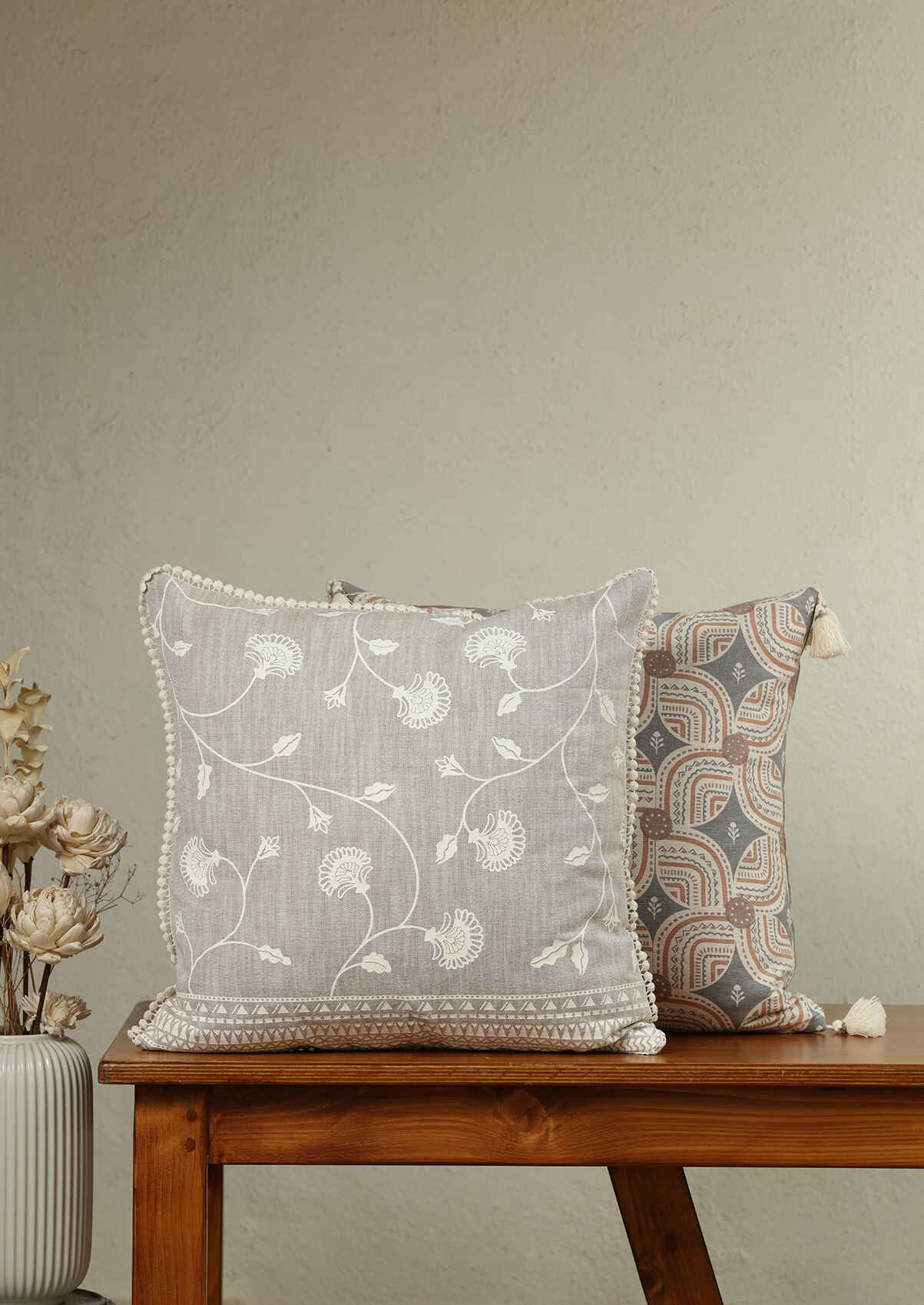 Nora & Claro Floral Geometric |100% Cotton Cushion Covers for Sofa | Brown | Pack of 2