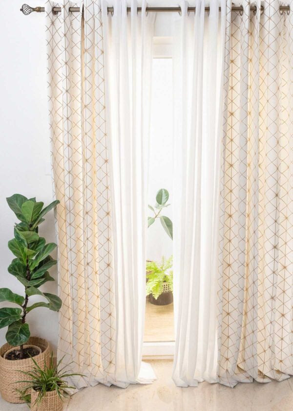 Stardust Pale Gold, Warm White Solid Sheer Set Of 4 Combo Cotton Curtain - Cream And White